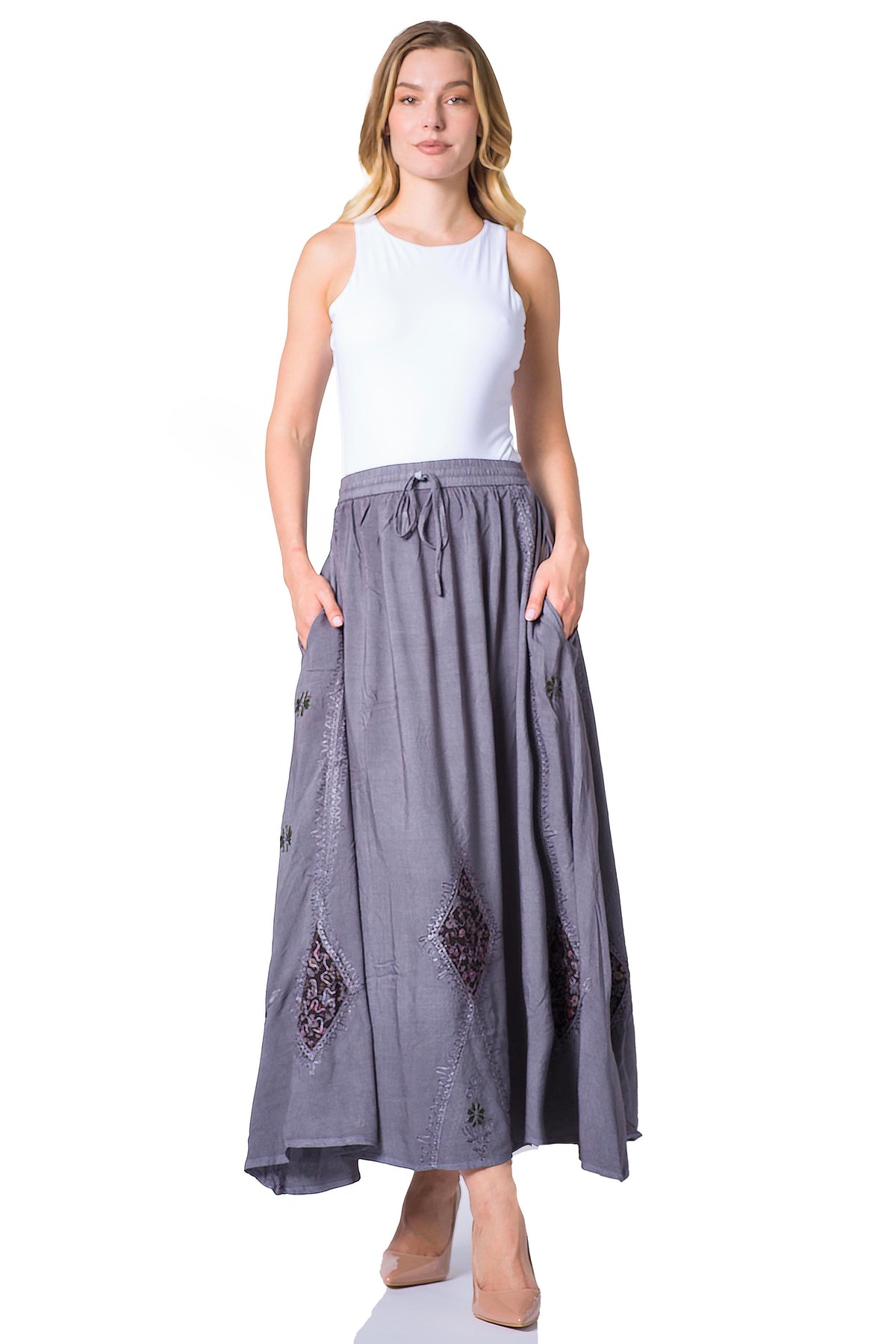 Sakkas Zarah Women's Boho Embroidery Gypsy Skirt with Lace Elastic Waist Pockets