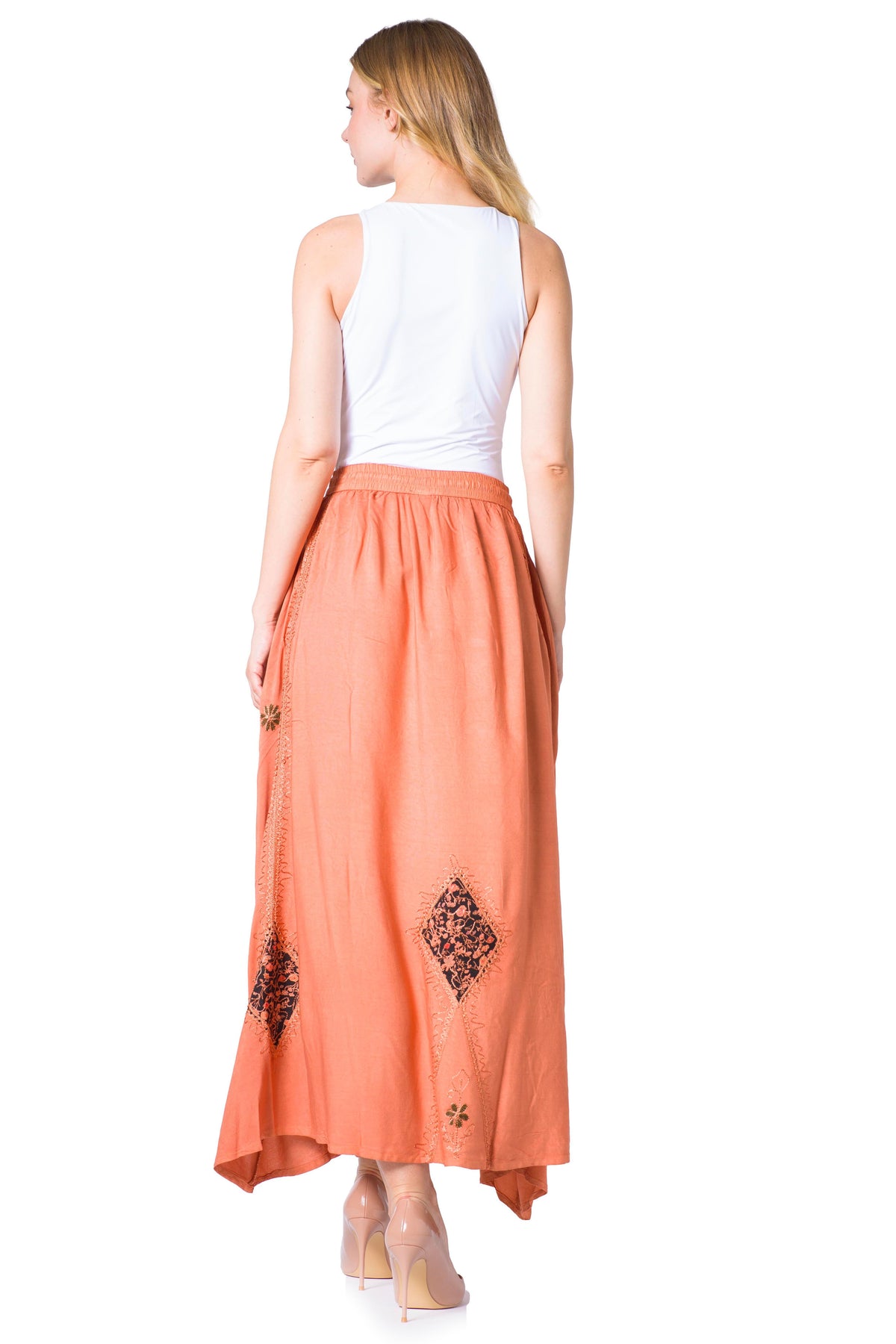 Sakkas Zarah Women's Boho Embroidery Gypsy Skirt with Lace Elastic Waist Pockets