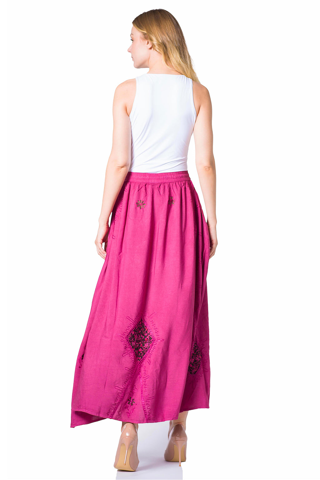 Sakkas Zarah Women's Boho Embroidery Gypsy Skirt with Lace Elastic Waist Pockets
