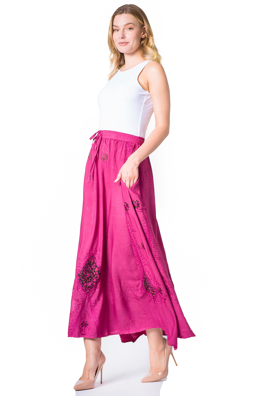 Sakkas Zarah Women's Boho Embroidery Gypsy Skirt with Lace Elastic Waist Pockets