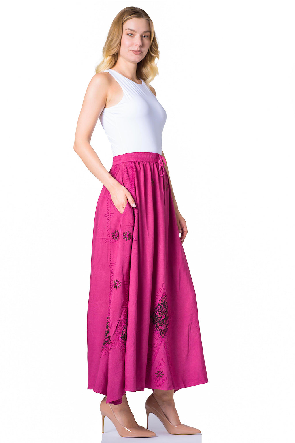 Sakkas Zarah Women's Boho Embroidery Gypsy Skirt with Lace Elastic Waist Pockets
