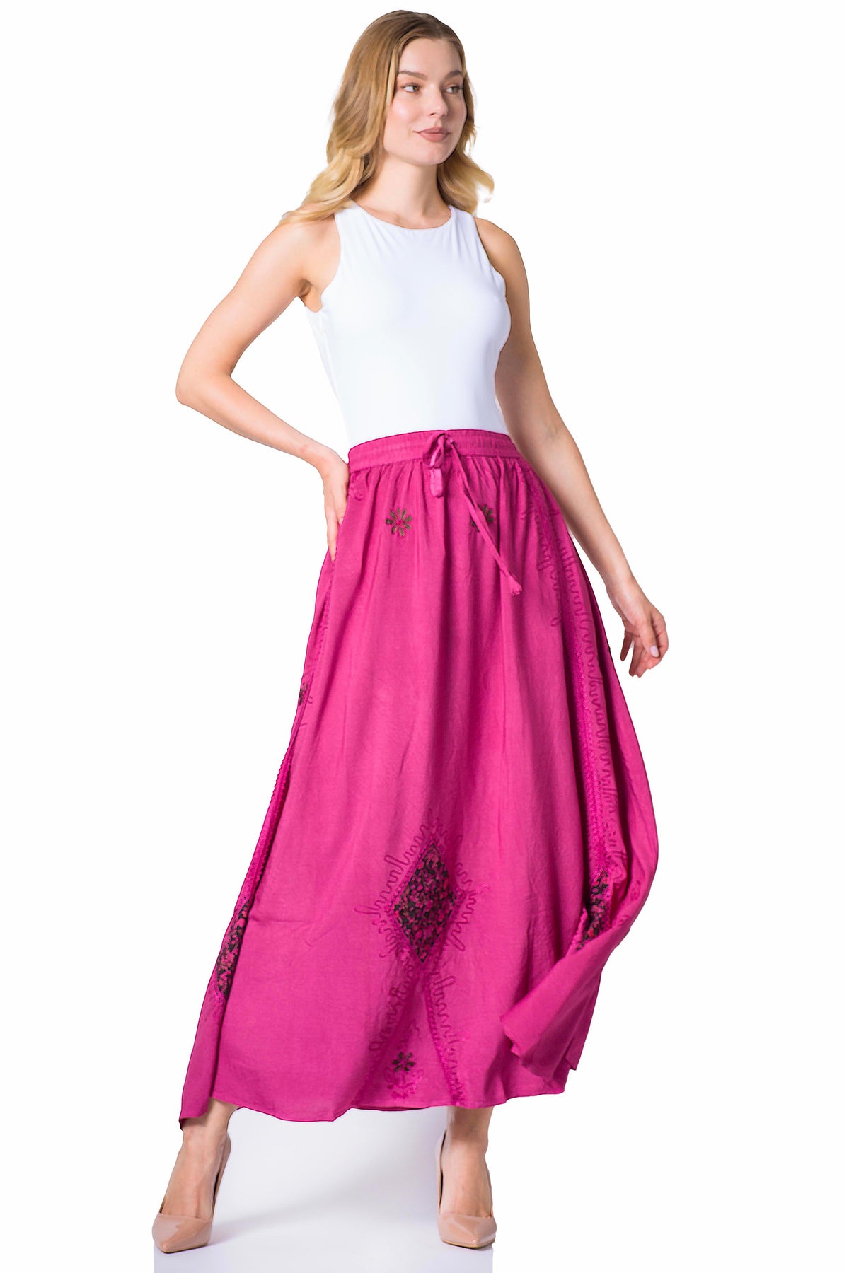 Sakkas Zarah Women's Boho Embroidery Gypsy Skirt with Lace Elastic Waist Pockets