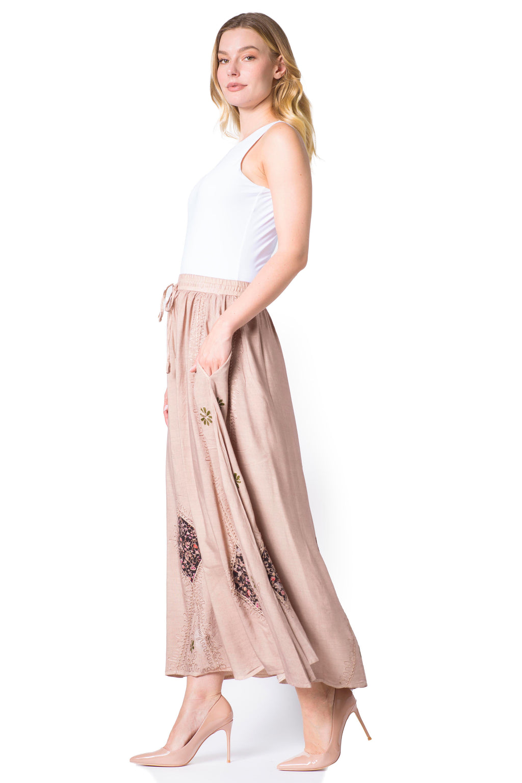 Sakkas Zarah Women's Boho Embroidery Gypsy Skirt with Lace Elastic Waist Pockets