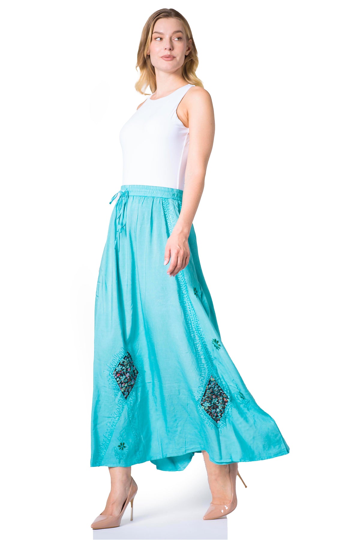 Sakkas Zarah Women's Boho Embroidery Gypsy Skirt with Lace Elastic Waist Pockets