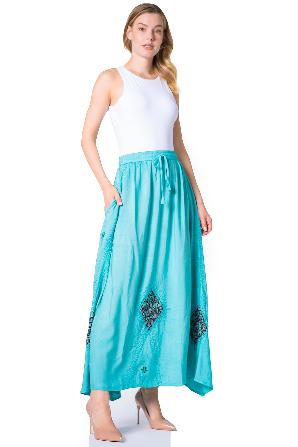 Sakkas Zarah Women's Boho Embroidery Gypsy Skirt with Lace Elastic Waist Pockets