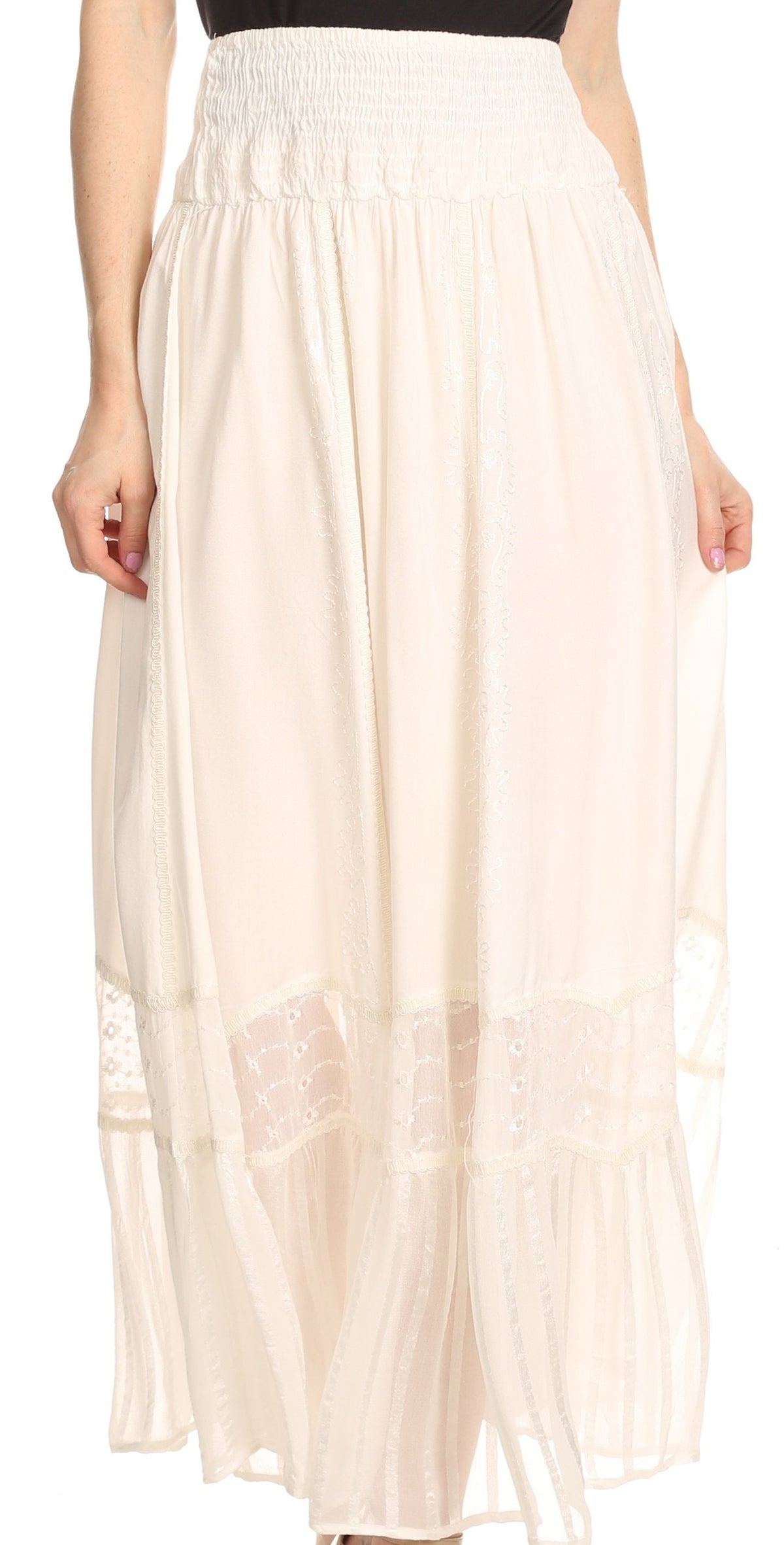 Sakkas Shamim Boho Maxi Long Skirt with Sheer Textured Panels W/ Smocked Waistband