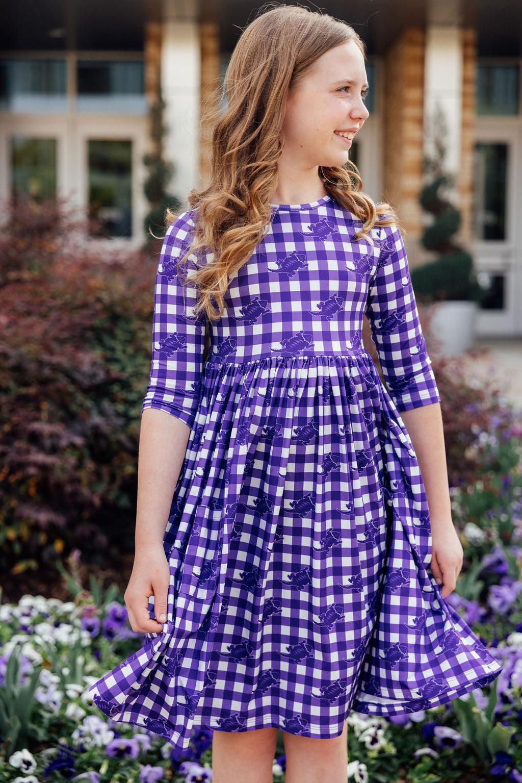TCU Plaid Frog 3/4 Sleeve Pocket Twirl Dress