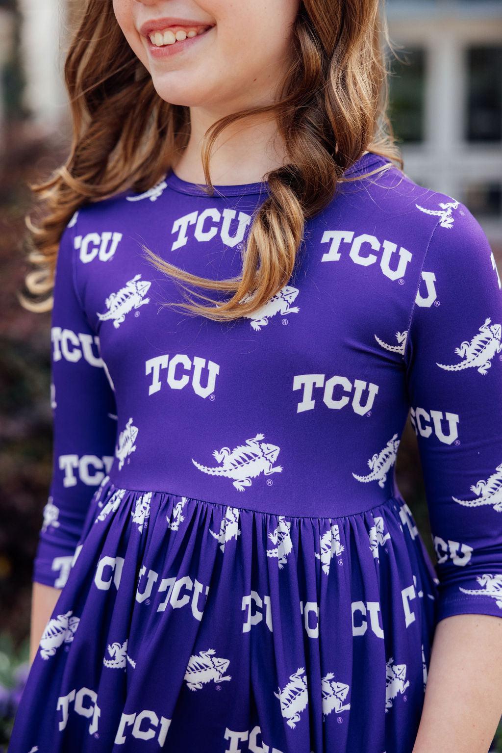 TCU Purple Frog 3/4 Sleeve Pocket Twirl Dress
