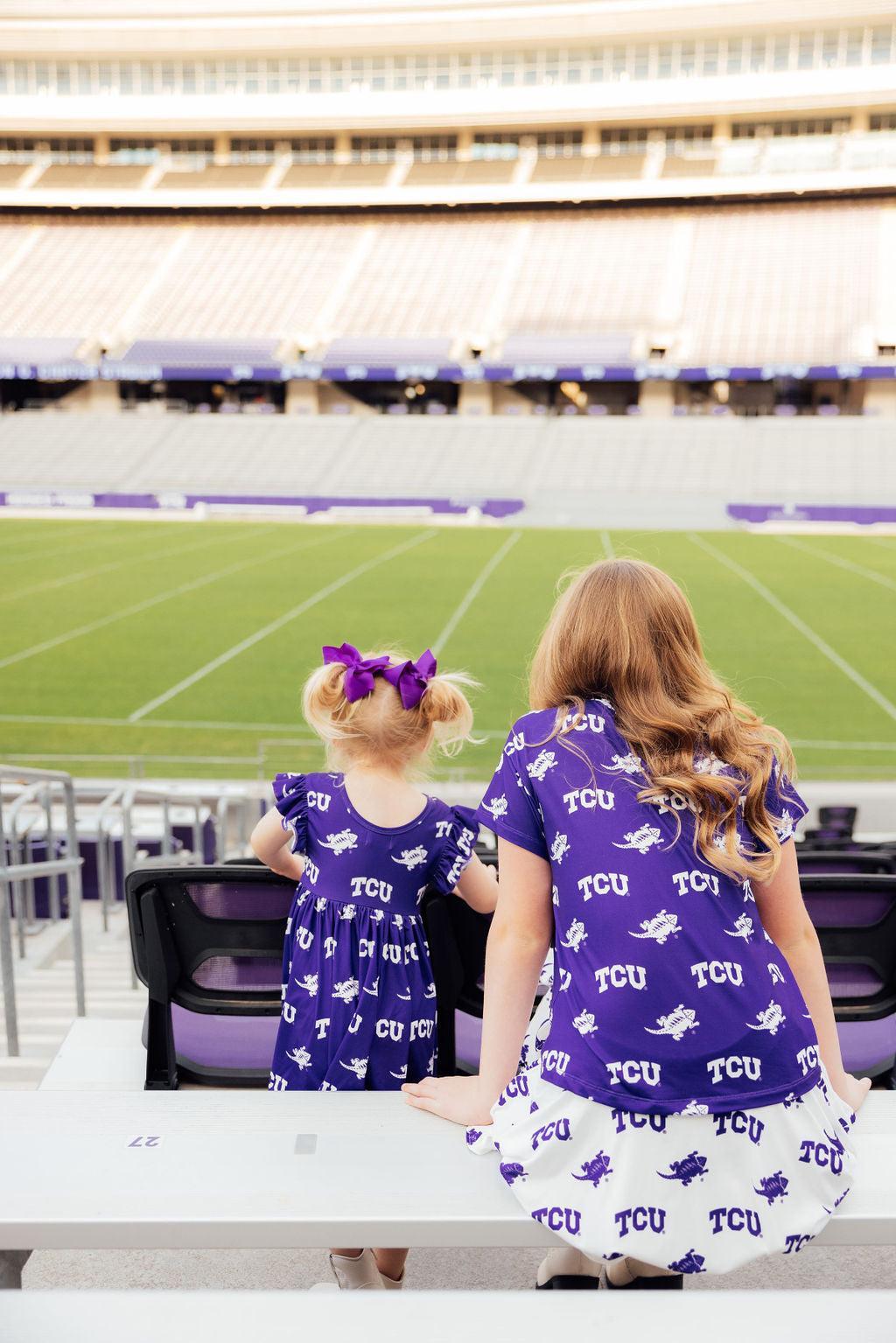 TCU Purple Frog Flutter Twirl Dress