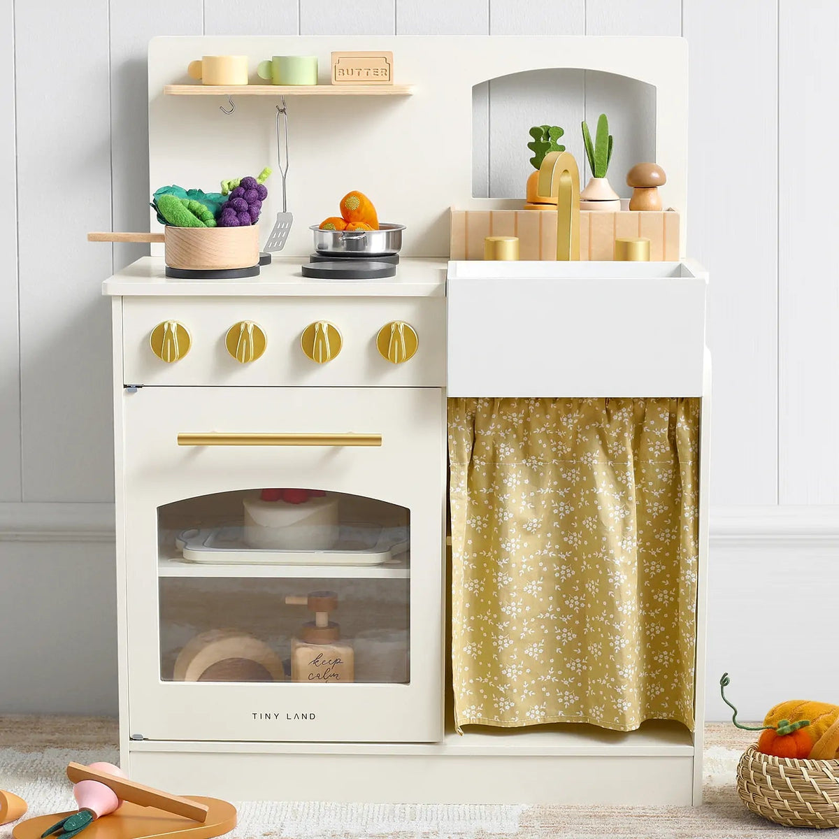 Tiny Land® Wooden Play Kitchen for Toddlers - Honey Kitchenette Pretend Cooking Set