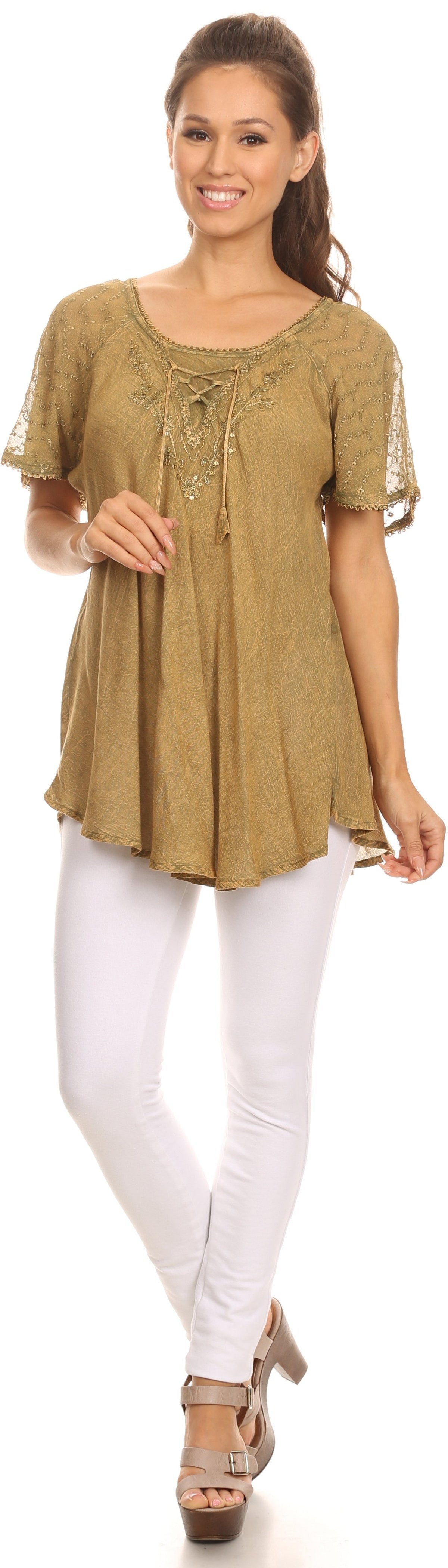 Sakkas Ellie Sequin Embroidered Cap Sleeve Scoop Neck Relaxed Fit Blouse