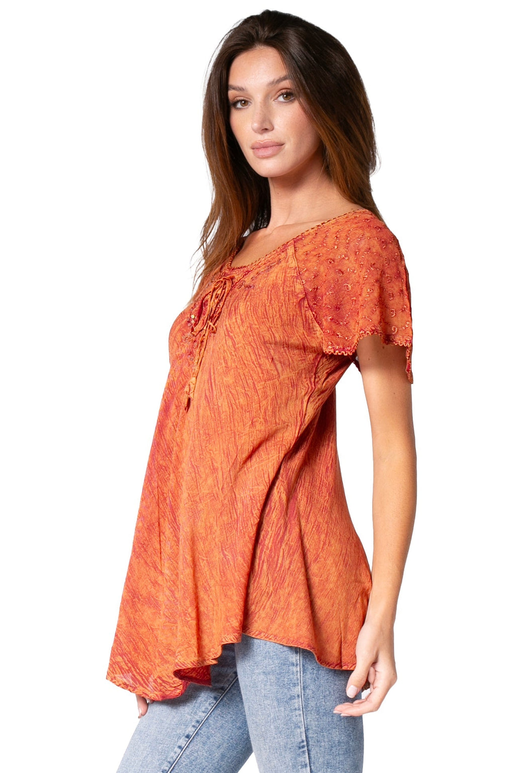 Sakkas Ellie Sequin Embroidered Cap Sleeve Scoop Neck Relaxed Fit Blouse