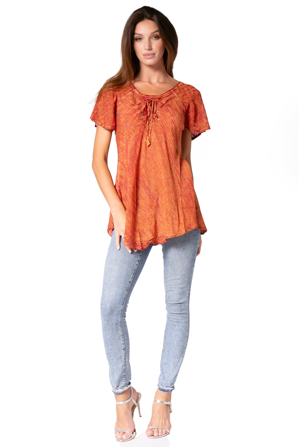 Sakkas Ellie Sequin Embroidered Cap Sleeve Scoop Neck Relaxed Fit Blouse