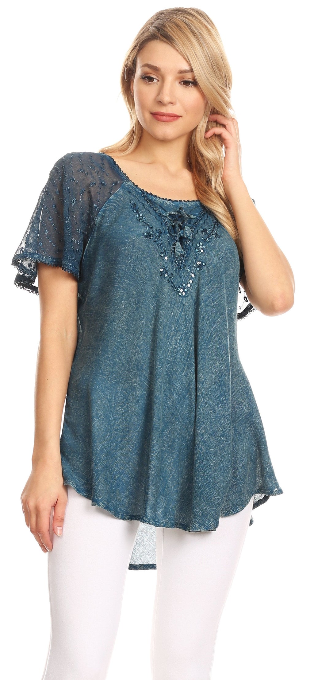Sakkas Ellie Sequin Embroidered Cap Sleeve Scoop Neck Relaxed Fit Blouse