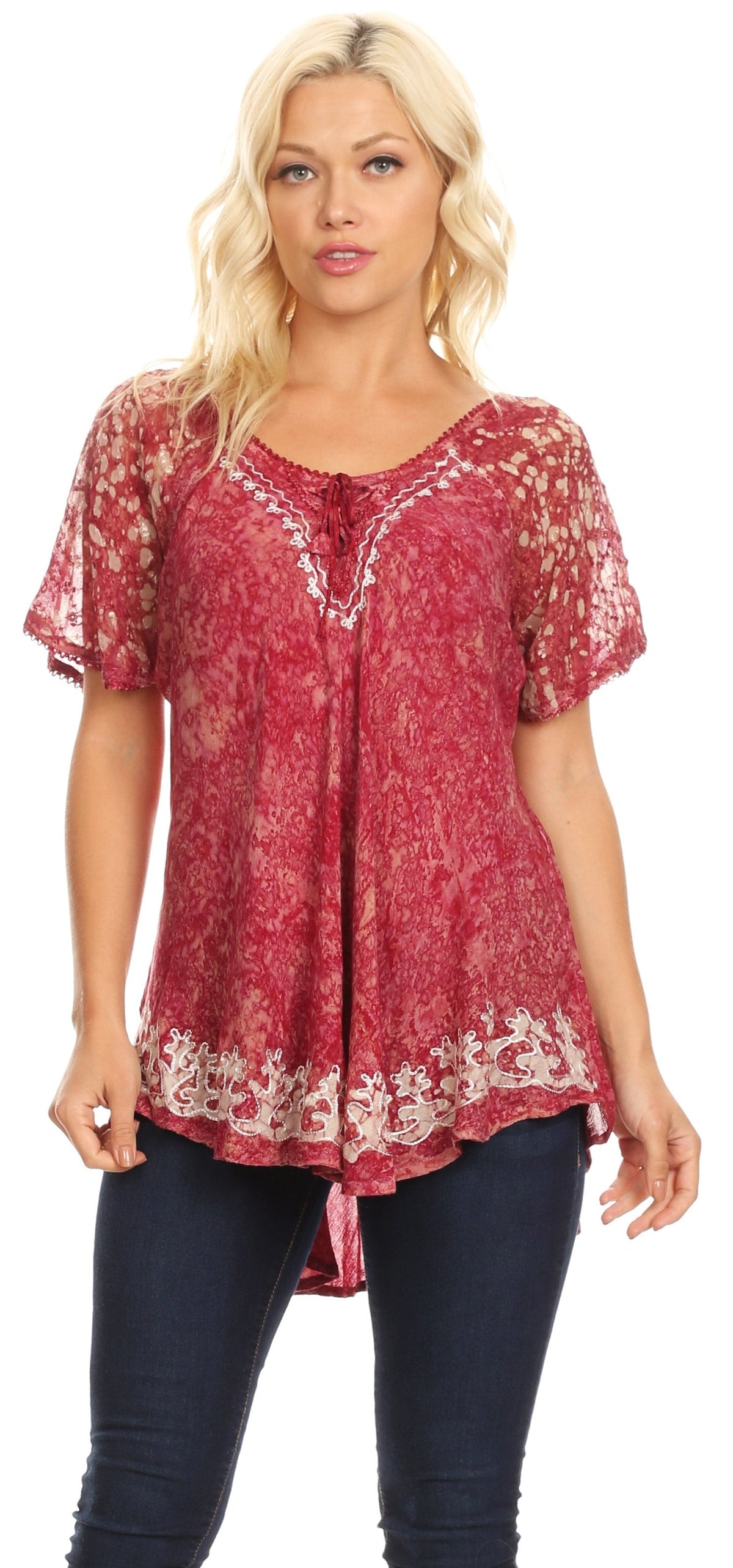 Sakkas Ash Speckled Tiedye Embroidered Cap Sleeve Blouse Top With Embroidery Hems