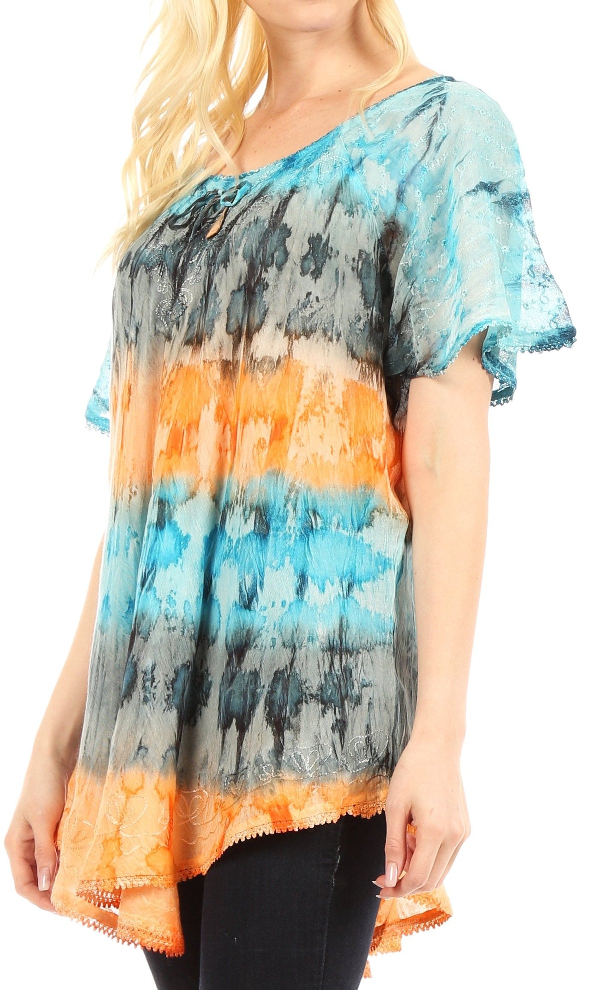 Sakkas Monet Long Tall Tie Dye Ombre Embroidered Cap Sleeve Blouse Shirt Top