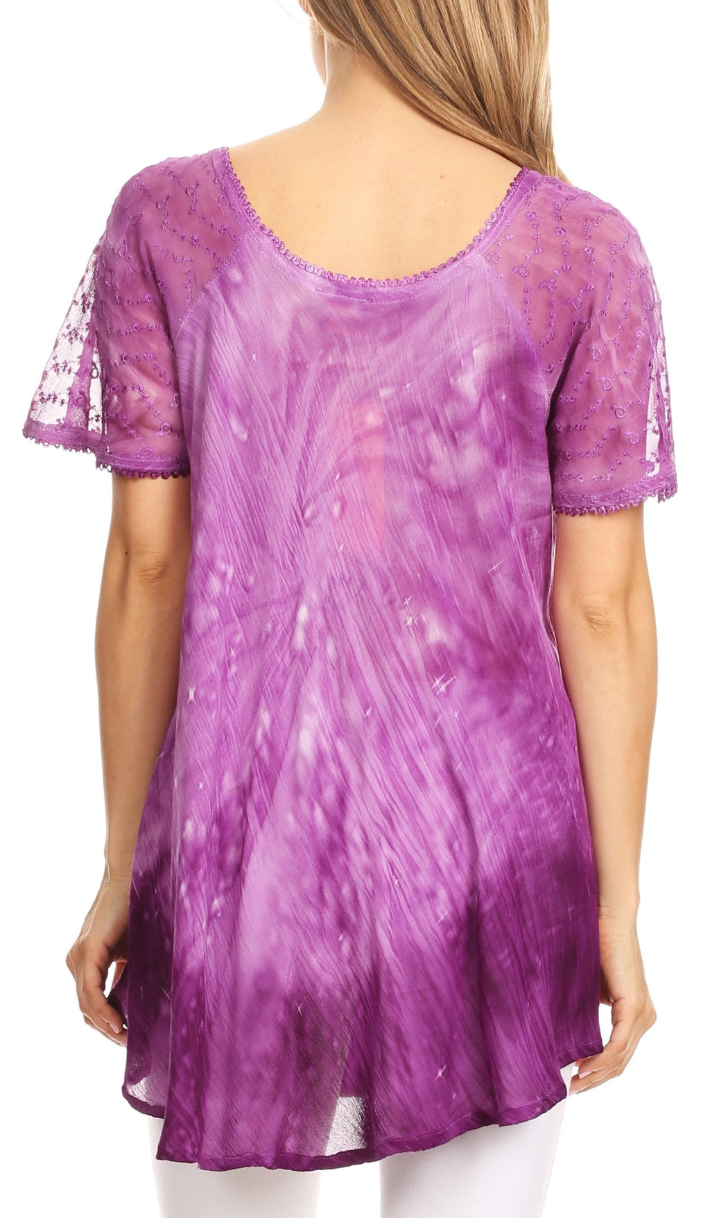 Sakkas Mira Tie Dye Two Tone Sheer Cap Sleeve Relaxed Fit Embellished Tunic Top