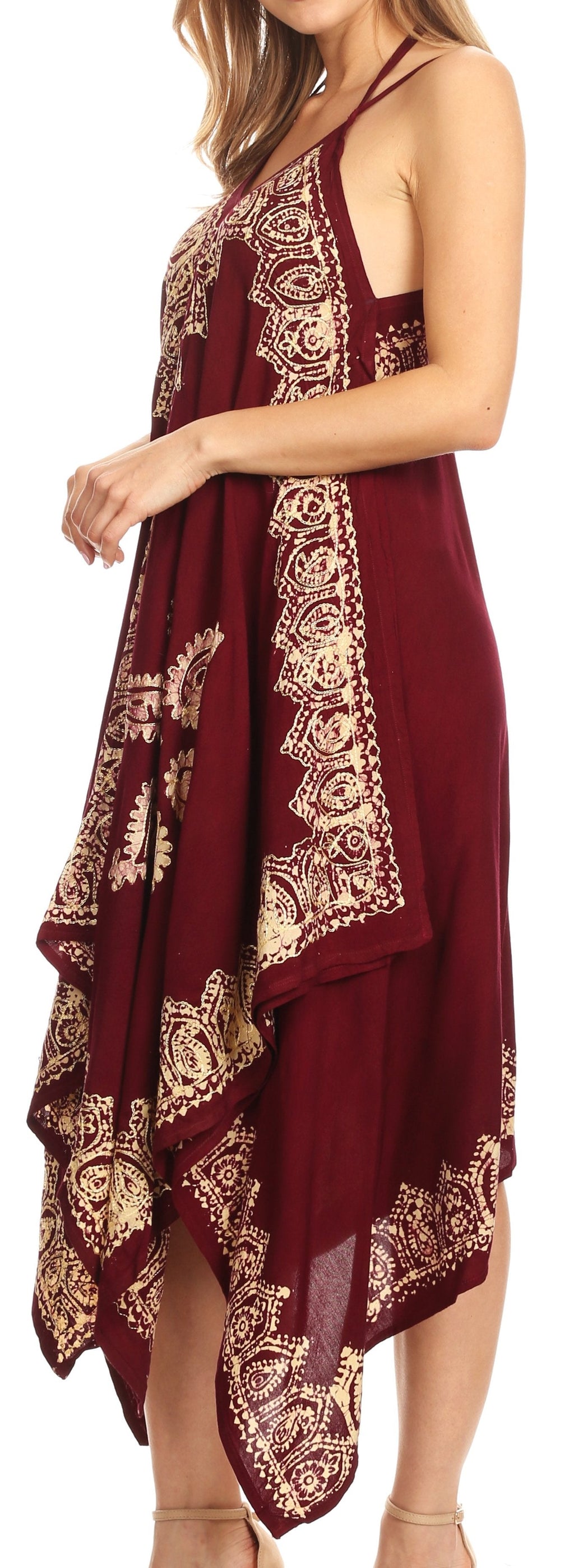 Sakkas Arminat Batik Print Adjustable Strap Embroidered Handkerchief Hem Dress