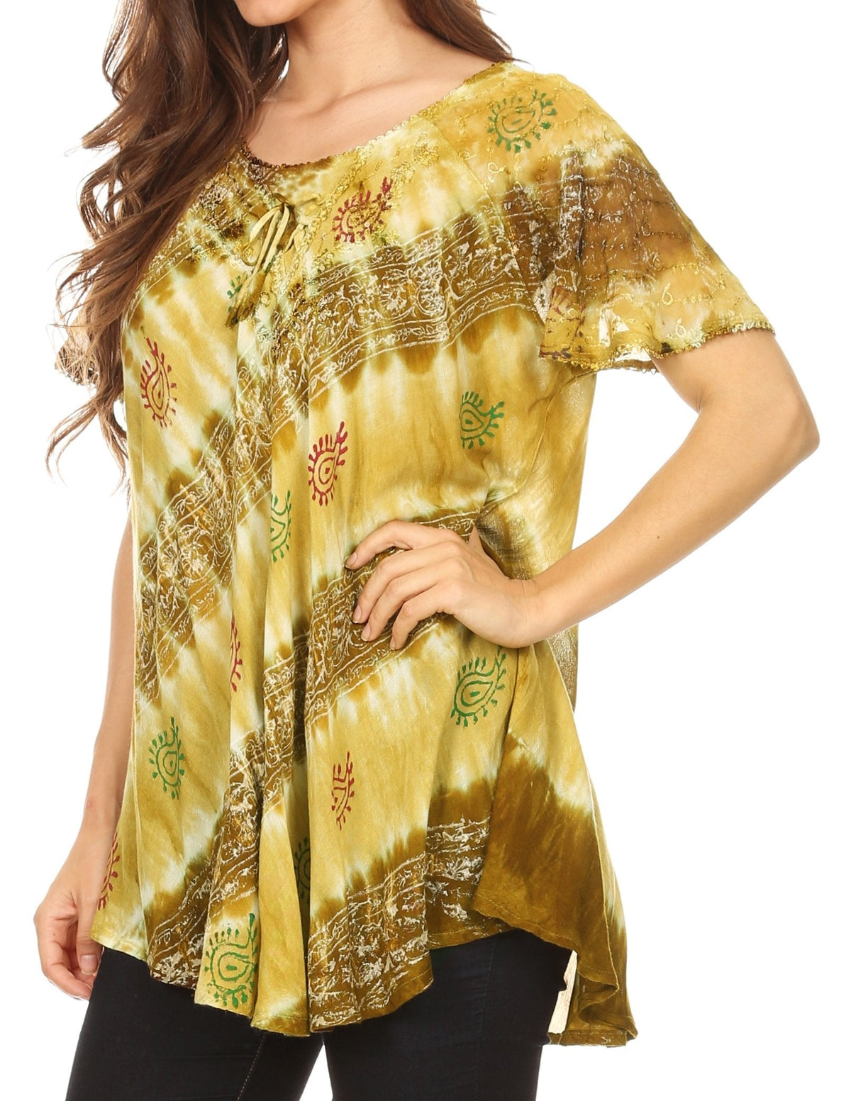 Sakkas Flavia Womens Everyday Blouse Top with Tie-dye & Block Print Light and Soft