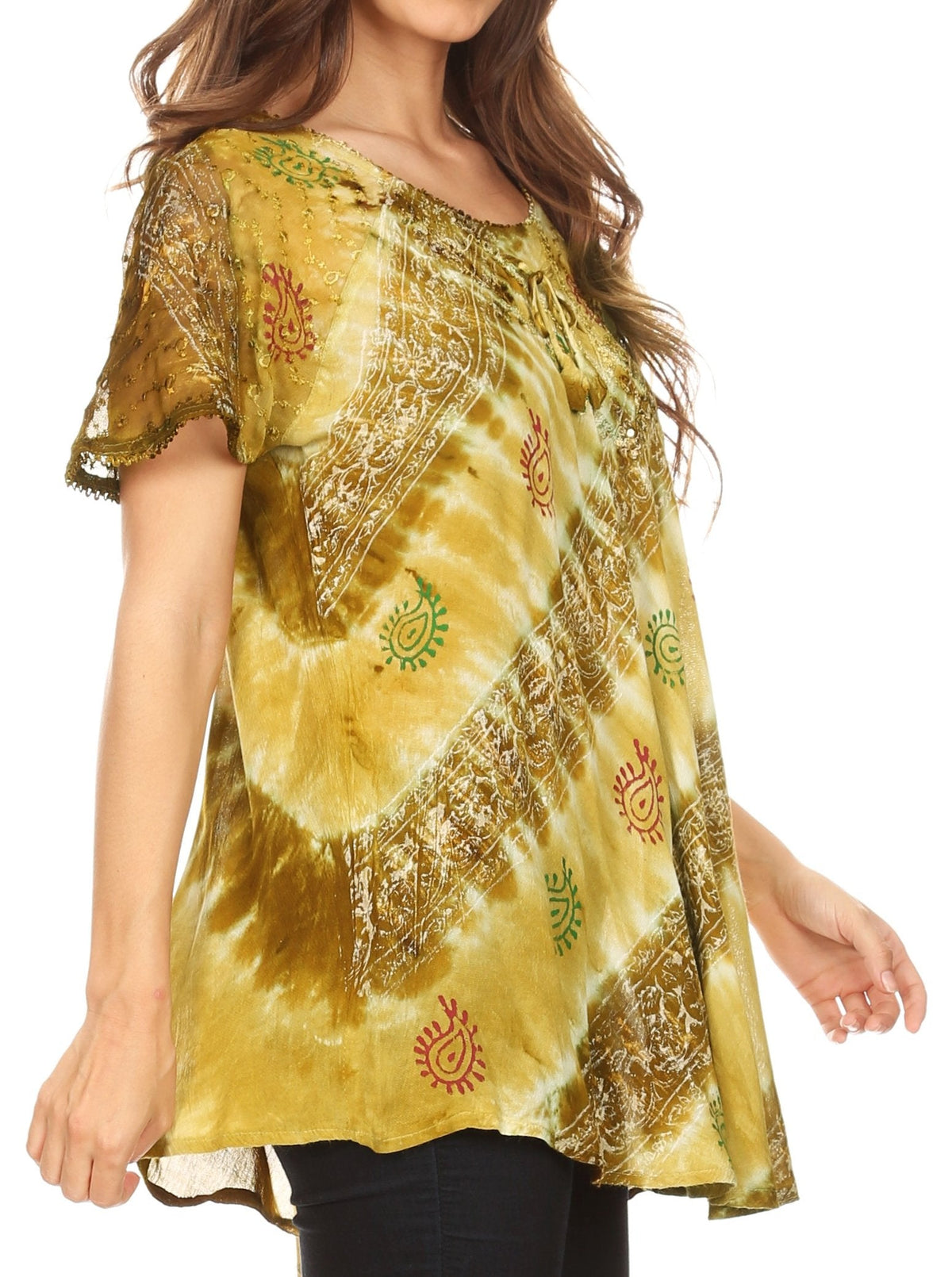 Sakkas Flavia Womens Everyday Blouse Top with Tie-dye & Block Print Light and Soft