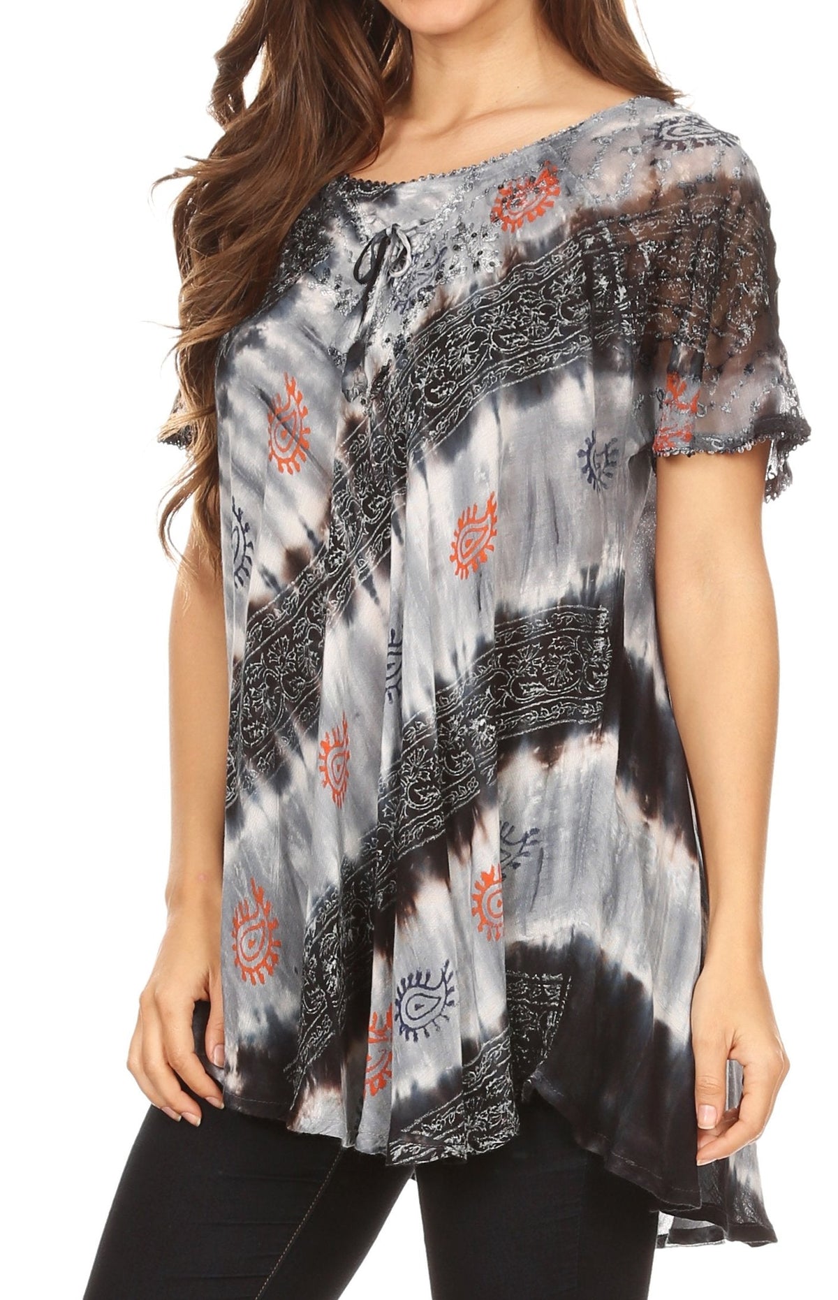 Sakkas Flavia Womens Everyday Blouse Top with Tie-dye & Block Print Light and Soft