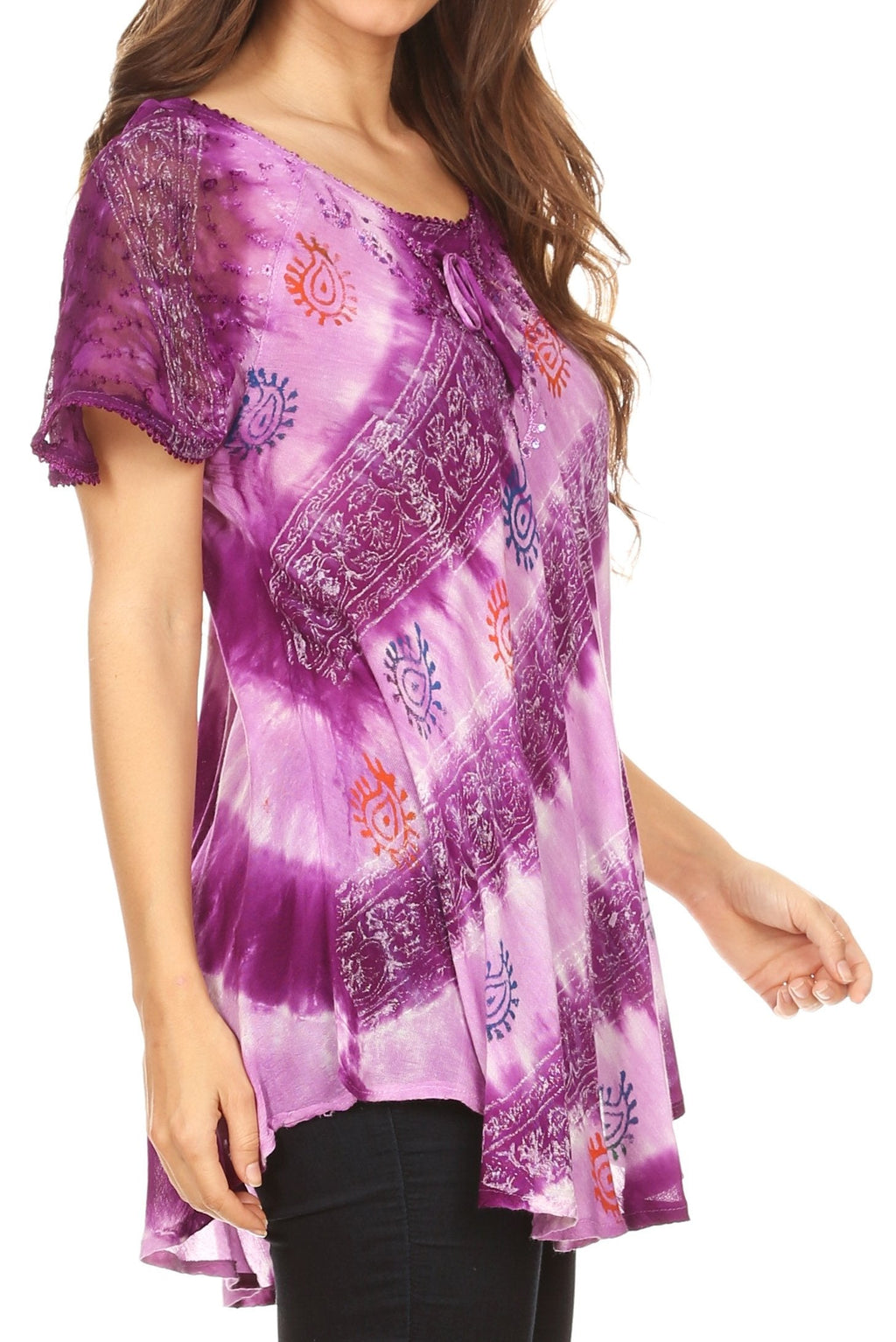 Sakkas Flavia Womens Everyday Blouse Top with Tie-dye & Block Print Light and Soft