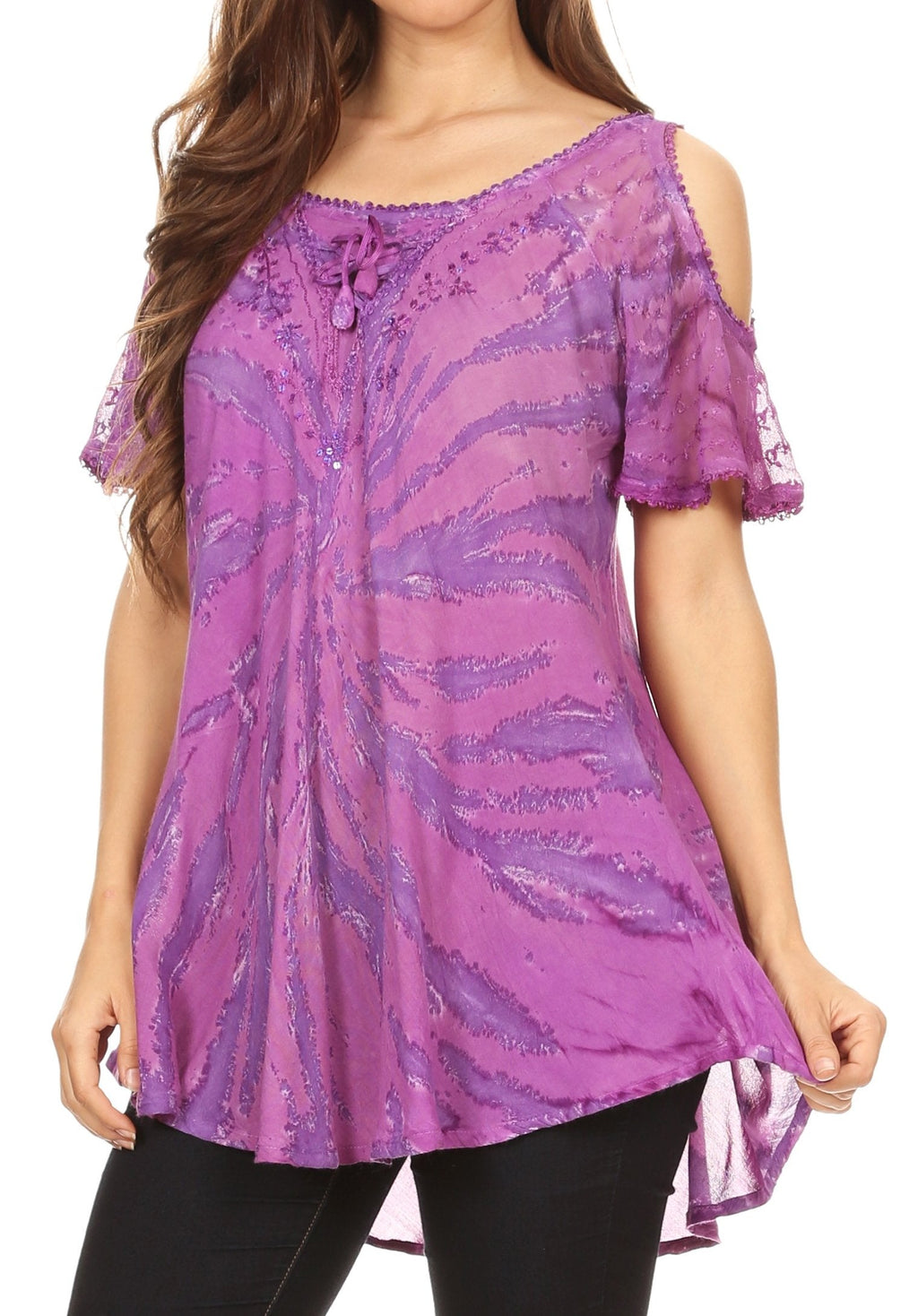Sakkas Filipa Womens Cold Shoulder Top Blouse Tie-dye with Corset and Embroidery