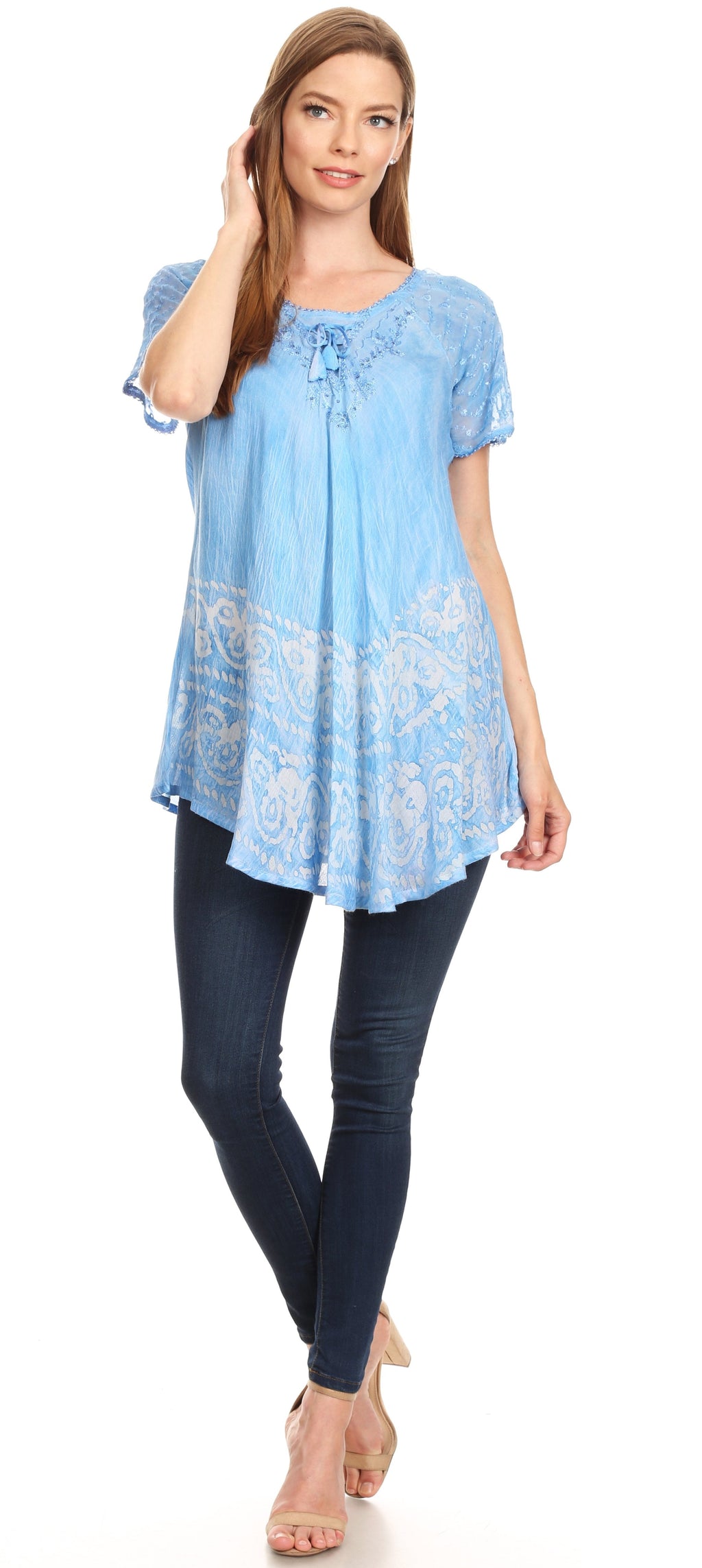 Sakkas Marzia Women's Loose Fit Short Sleeve Casual Tie Dye Batik Blouse Top Tunic
