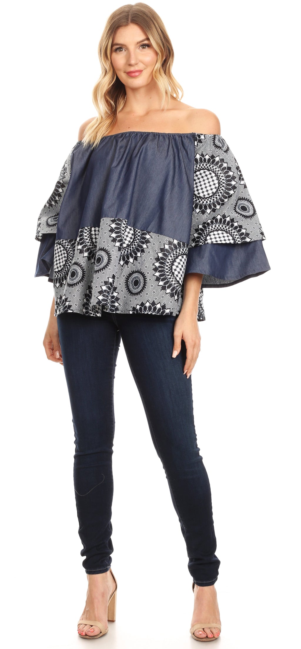 Sakkas Desta Off-shoulder Tent Top Blouse on Chambray and Wax African Ankara Print