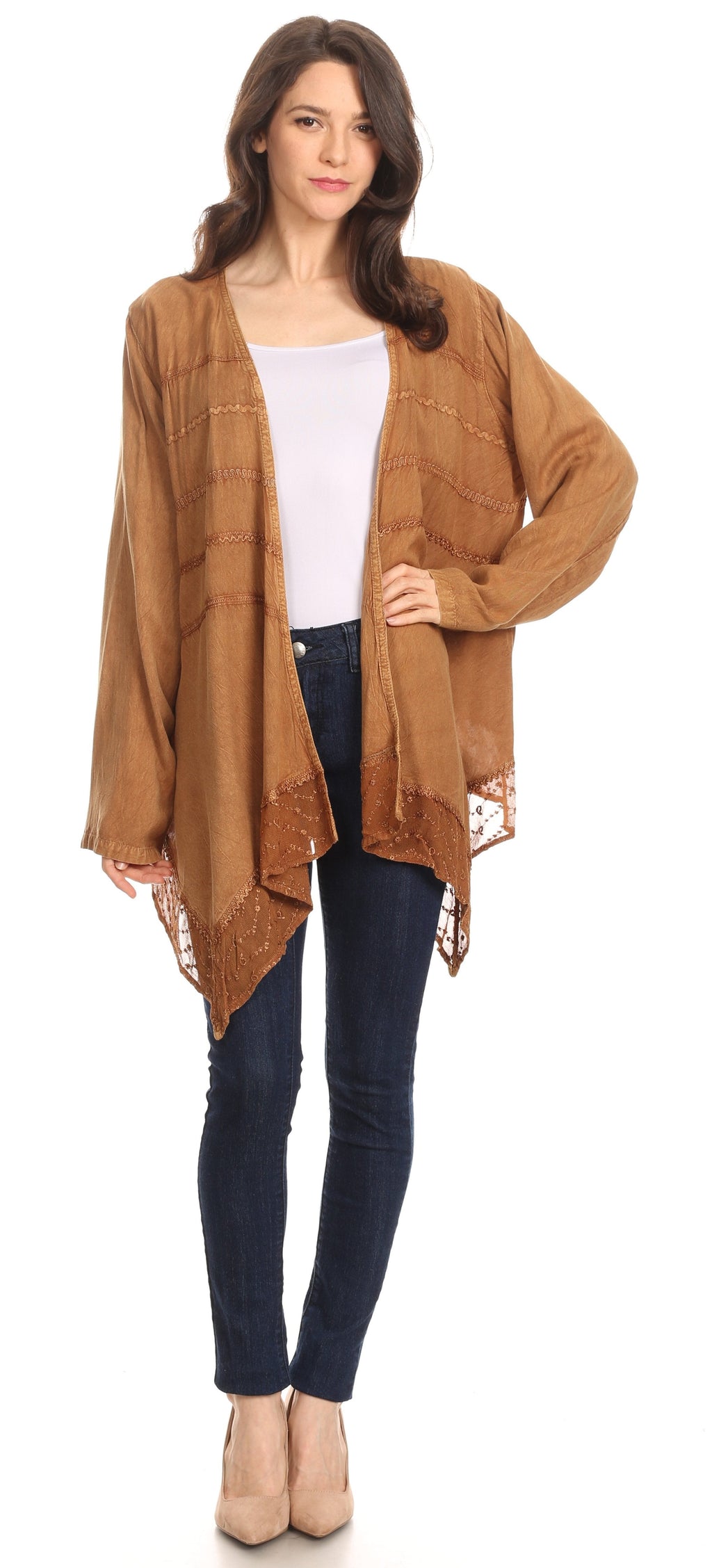 Sakkas Isenia Cardigan Open Front Kimono Long Sleeve Embroidered Top Blouse Lace