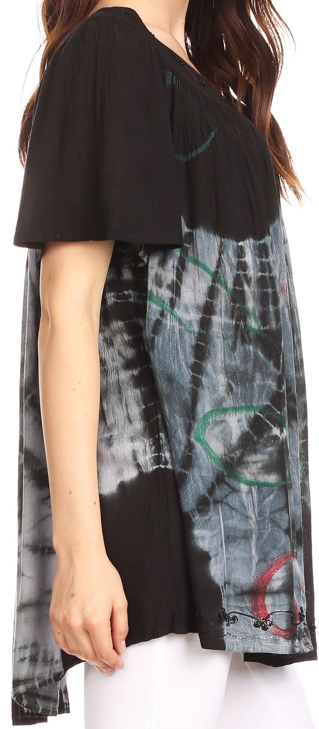 Sakkas Nia Tie Dye Sequin Embroidered V-Neck Cap Sleeve Blouse / Top