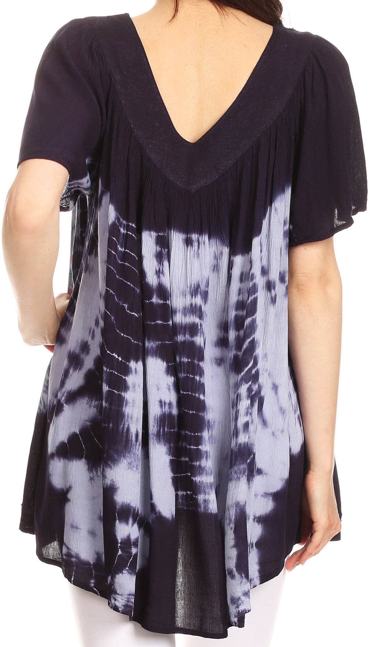 Sakkas Nia Tie Dye Sequin Embroidered V-Neck Cap Sleeve Blouse / Top