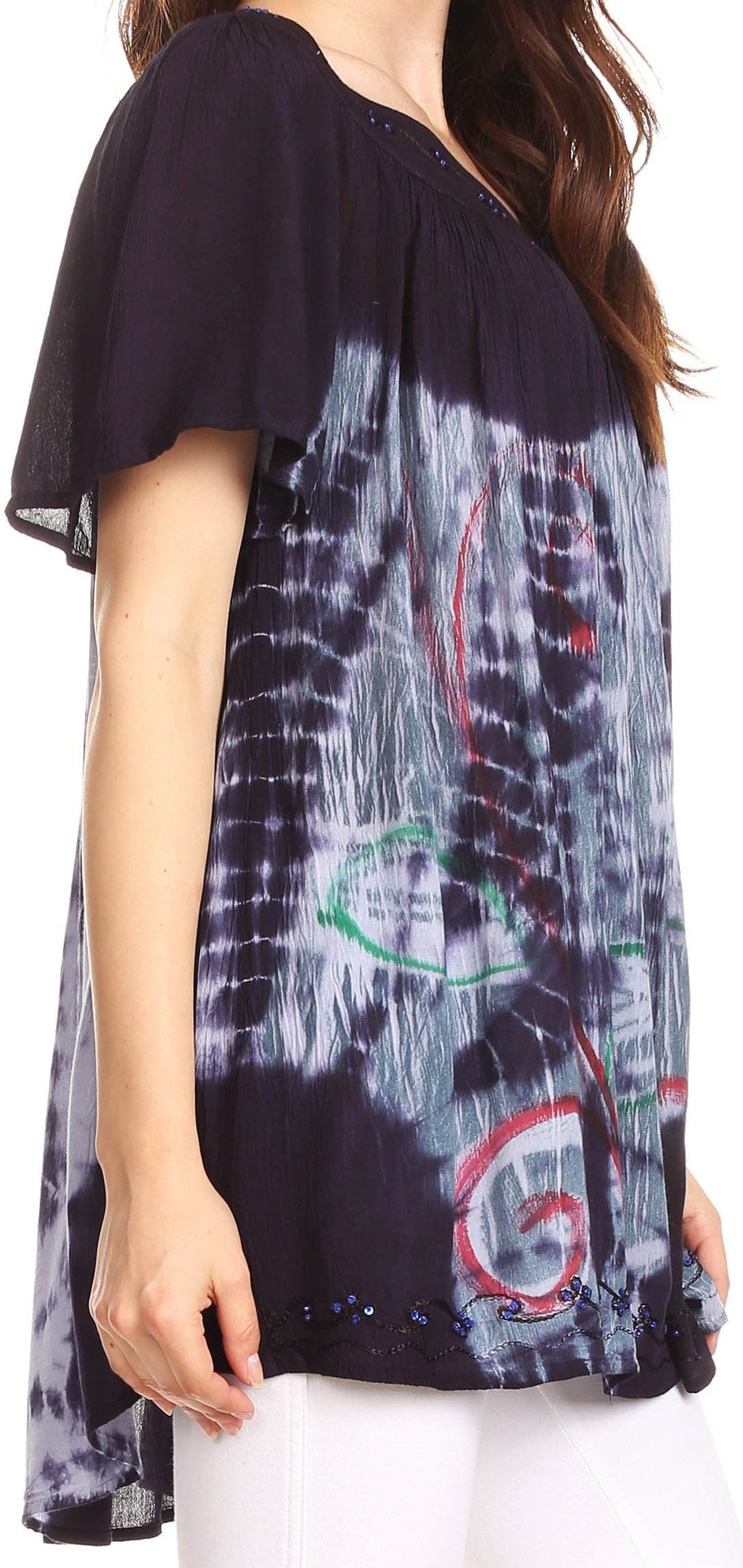 Sakkas Nia Tie Dye Sequin Embroidered V-Neck Cap Sleeve Blouse / Top