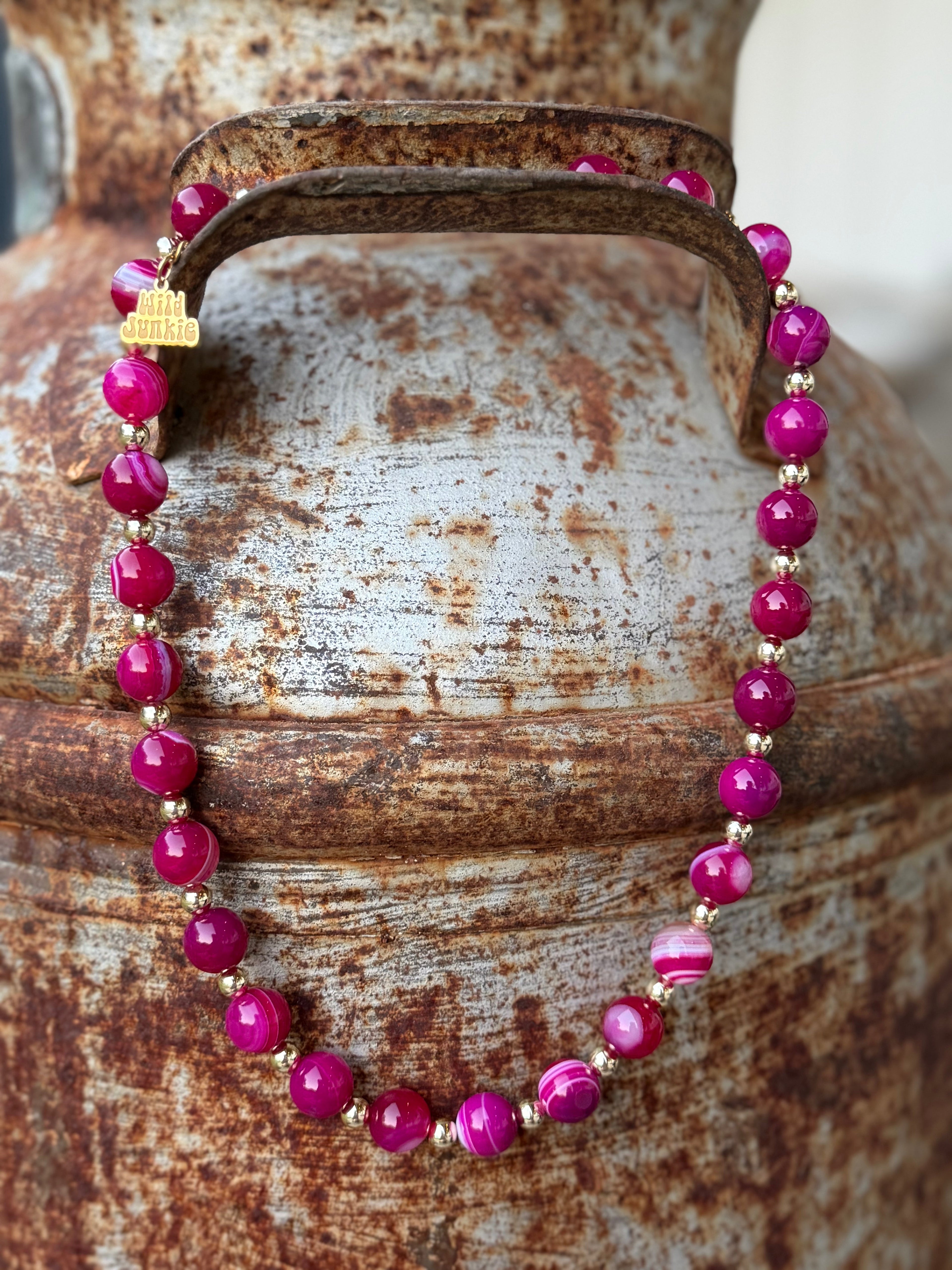 Gold Wild Rose Agate Beaded Necklace