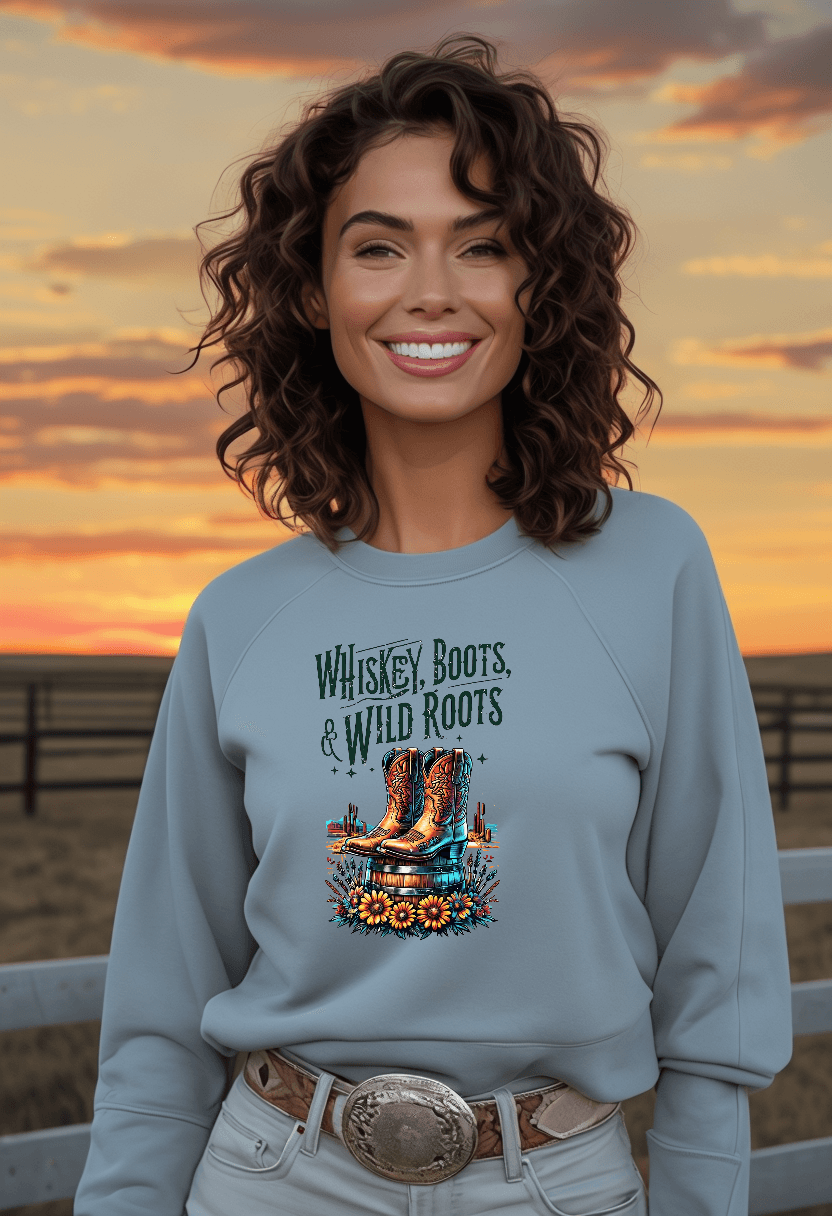 Whiskey Boots and Wild Roots Fleece Crewneck Sweatshirt