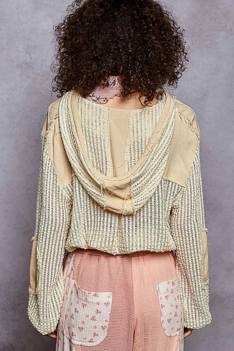 POL Texture Woven Button Down Hooded Shirt with Drawstring Hem