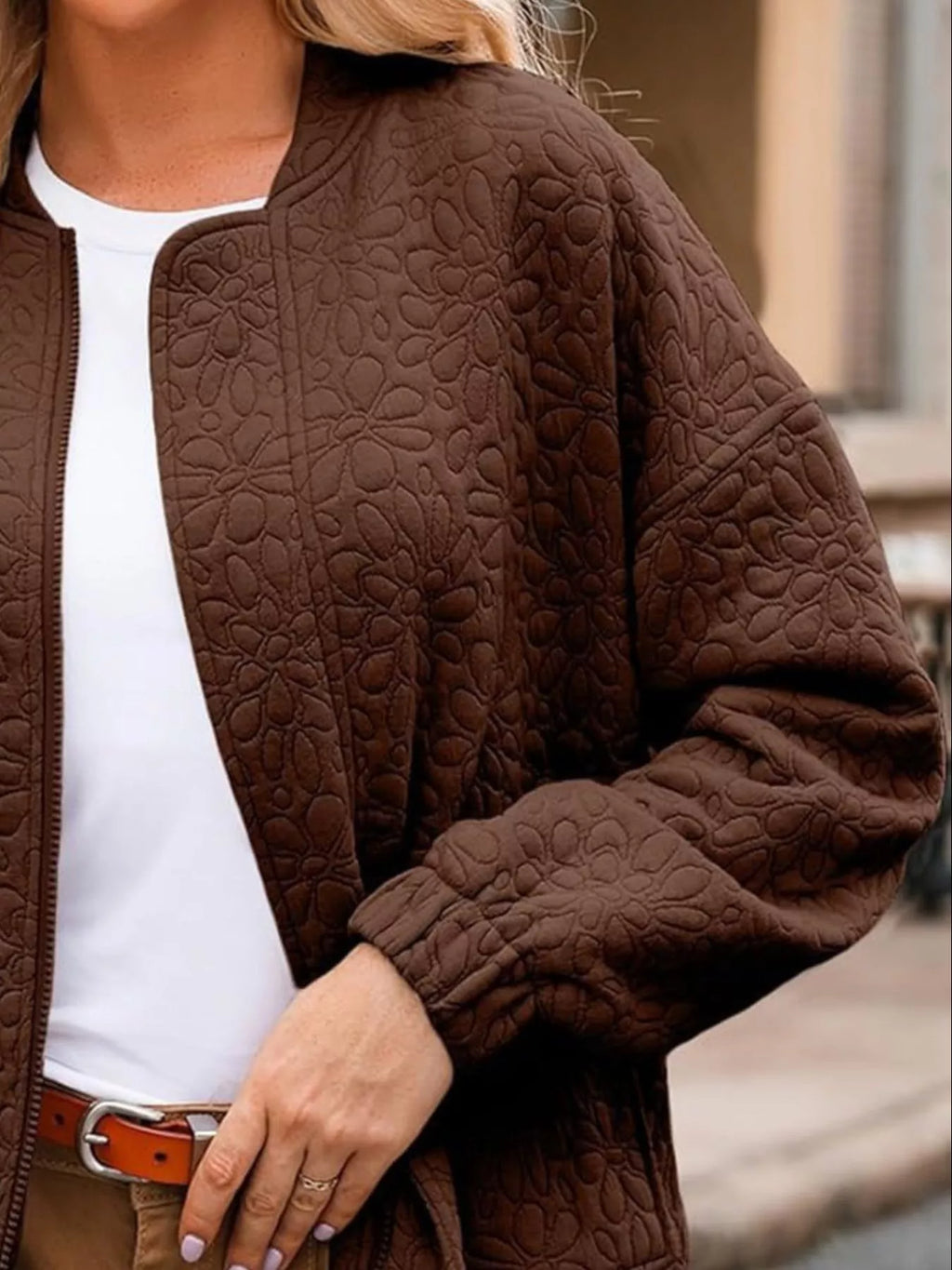 Full Size Floral Quilted Zip Up Jacket Plus Size