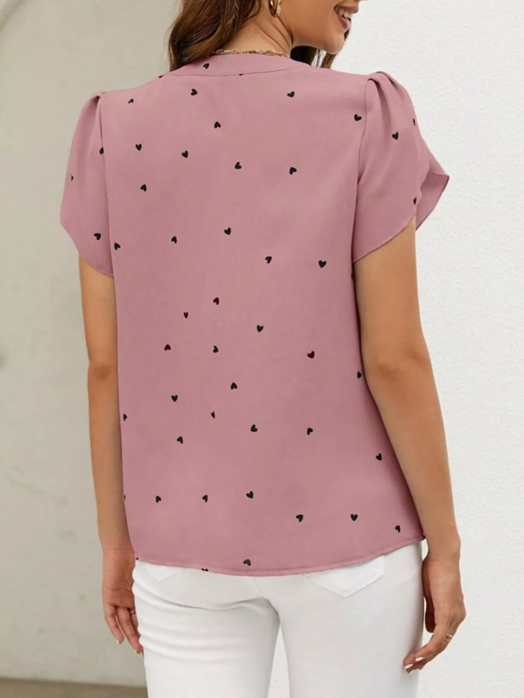 Heart Print Petal Sleeve Blouse