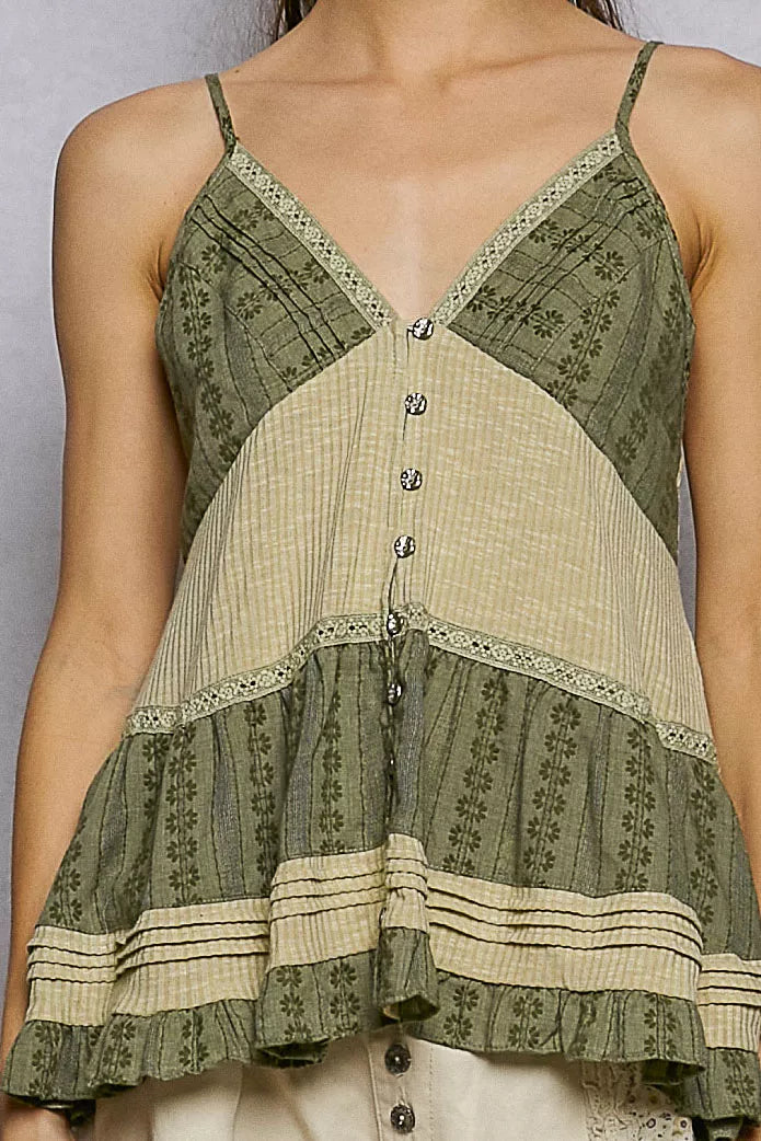 POL Button Front V-Neck Ruffled Cami with Pintuck Accents