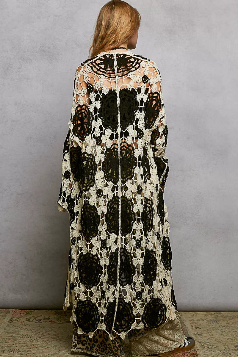 POL Open Front Crochet Longline Cardigan