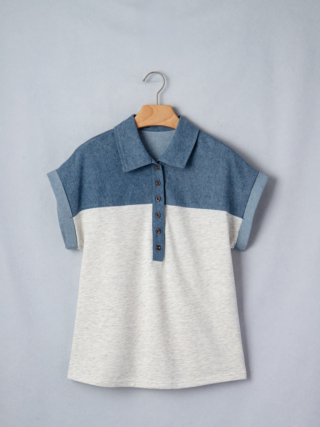Color Block Denim Patchwork Button Polo Collar Short Sleeve Top