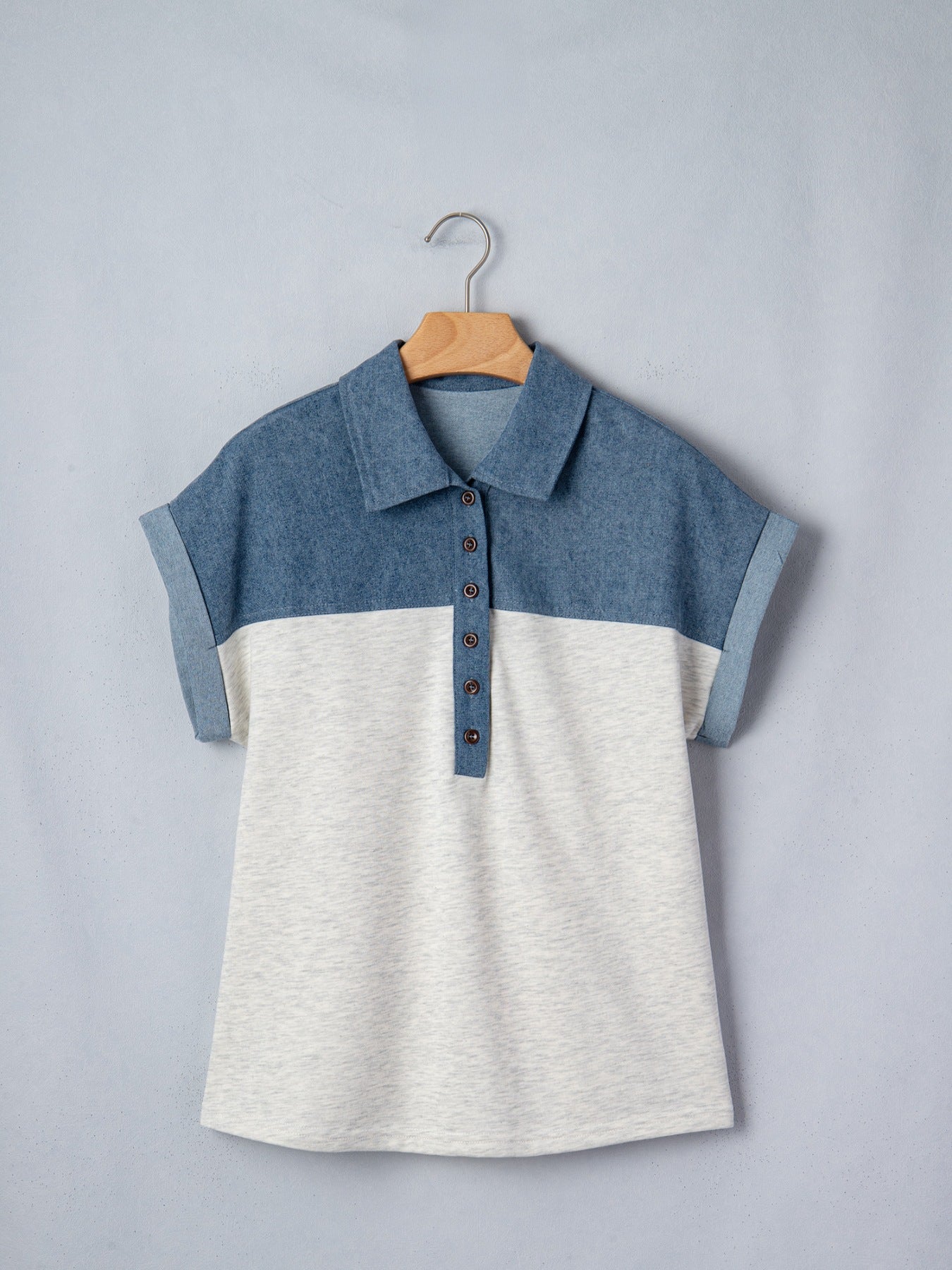 Color Block Denim Patchwork Button Polo Collar Short Sleeve Top