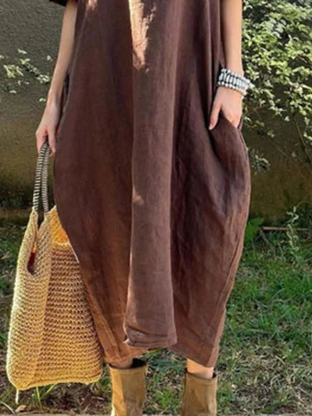 Full Size Casual Loose Fit Round Neck Midi Dress Plus Size