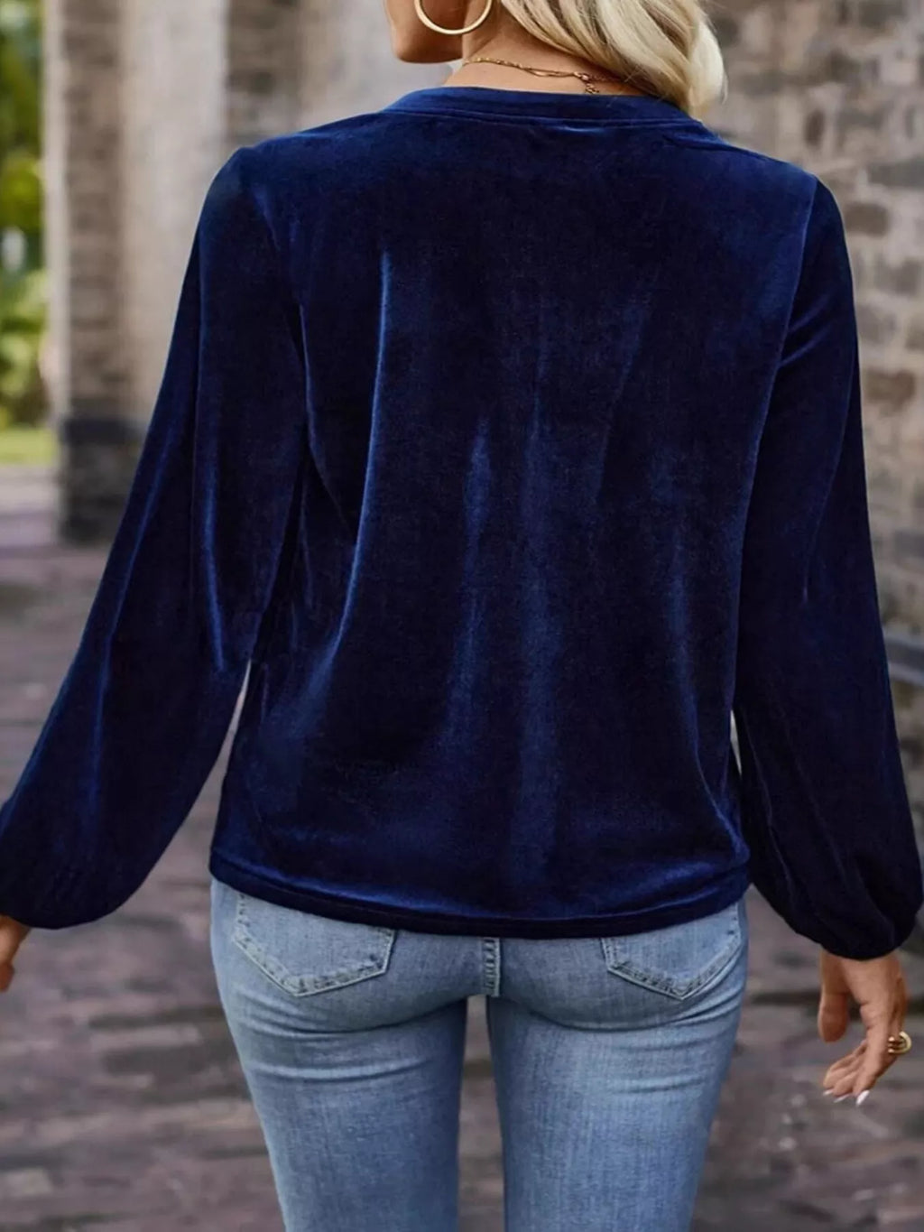 Velvet Notched Long Sleeve Blouse