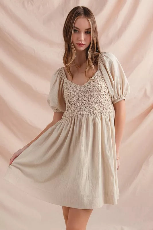 SO ME Textured Woven Daily Dress with Puff Sleeves