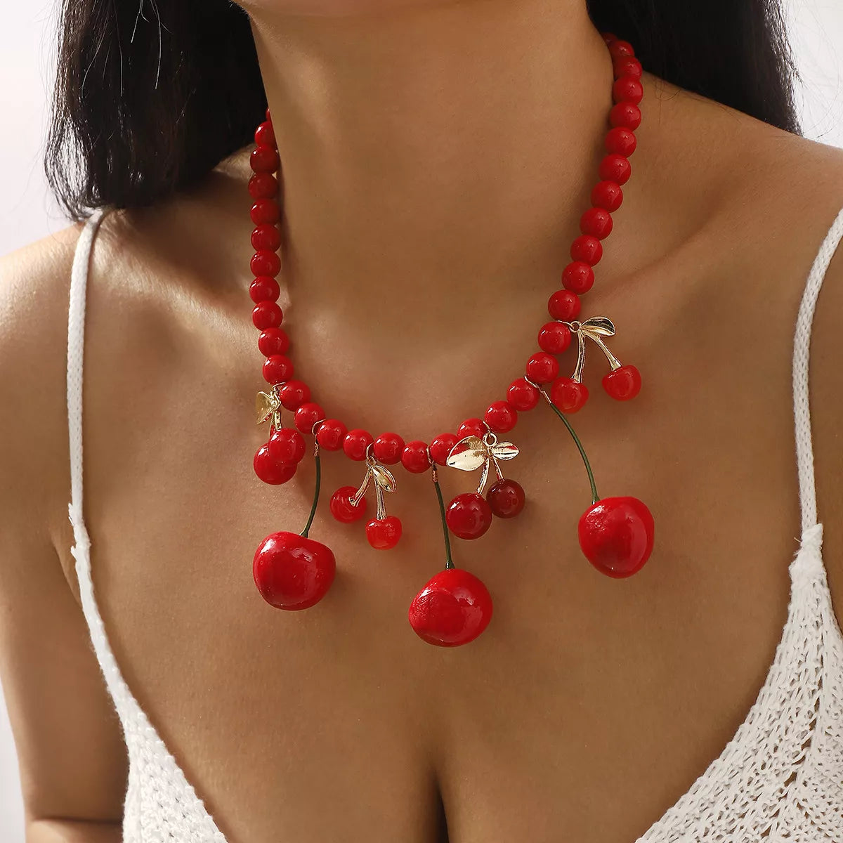 Cherry Charm Beaded Statement Necklace