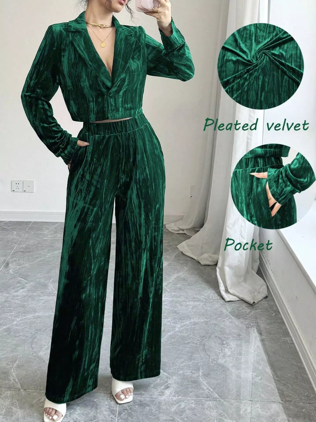 Pleated Velvet Blazer & Wide Leg Pants Set