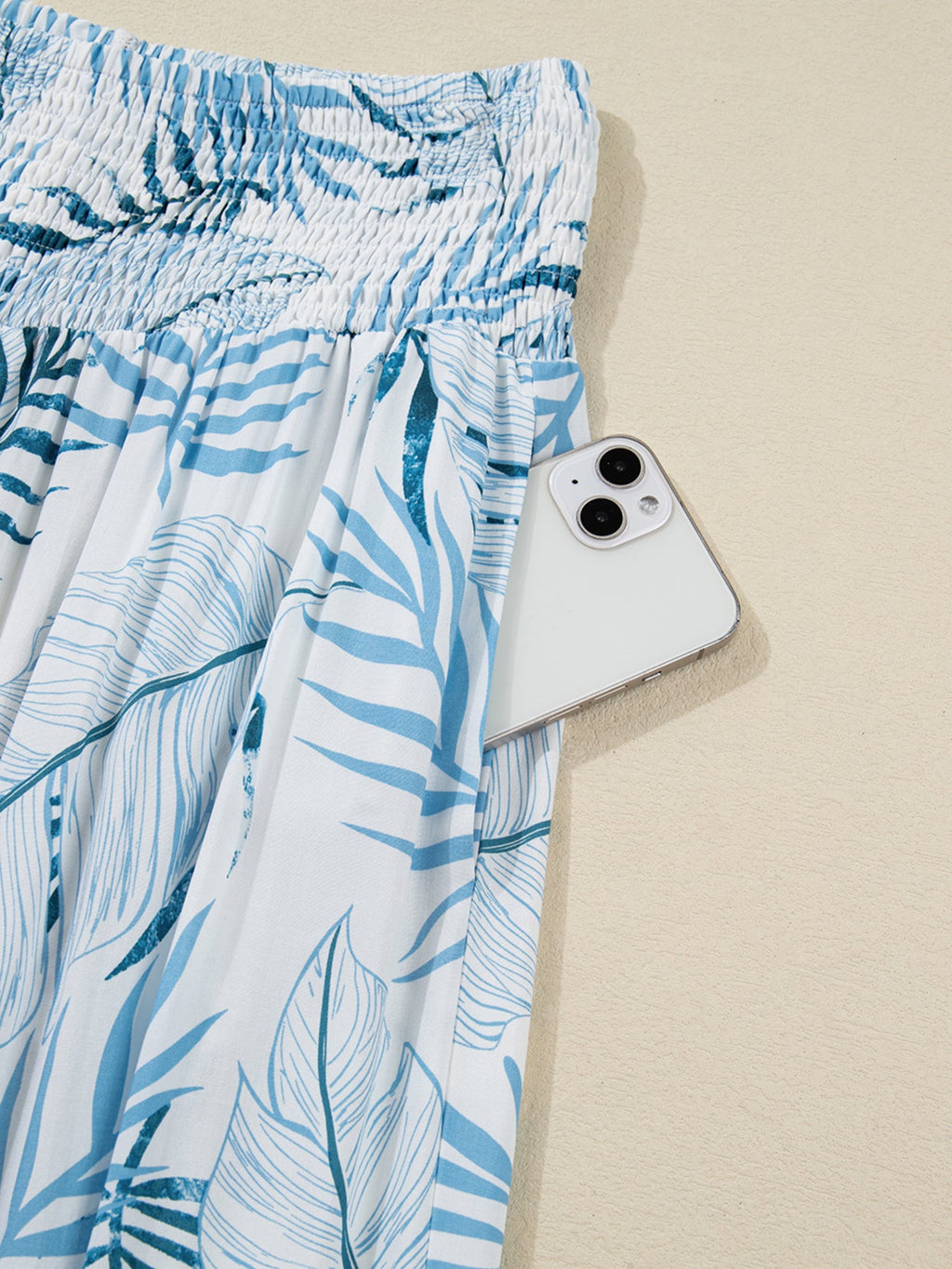 Tropical Print Shirred Waistband Wide Leg Pants