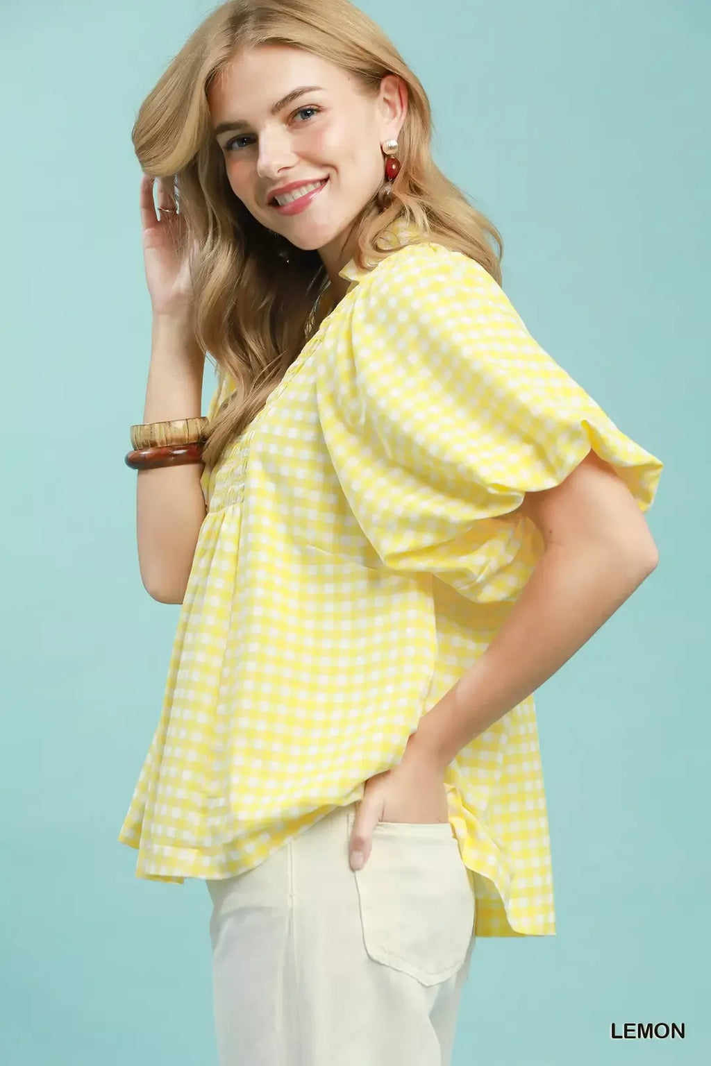 Umgee Smocked Yoke Puff Sleeve Gingham Blouse