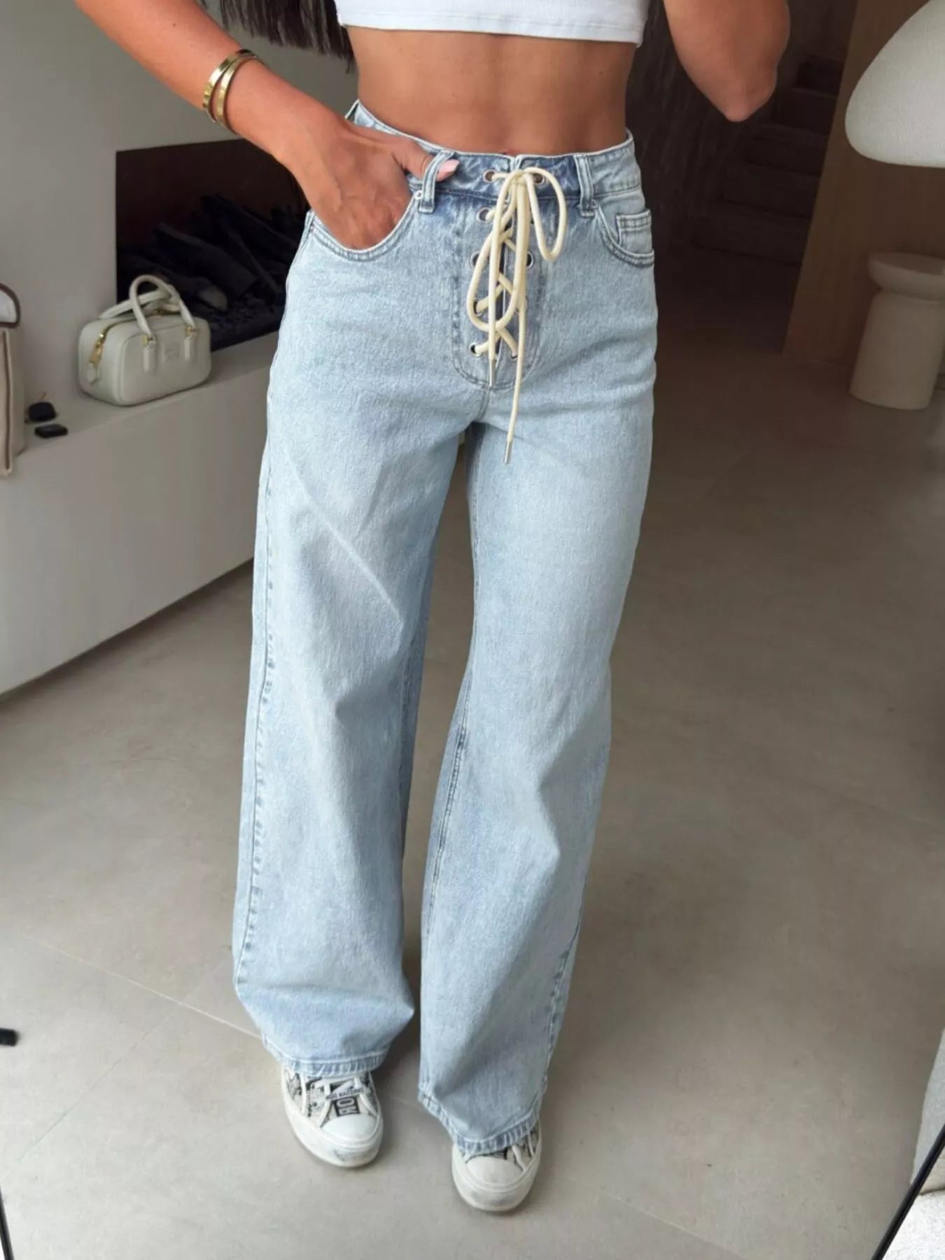 Lace-Up High-Waisted Wide Leg Jeans